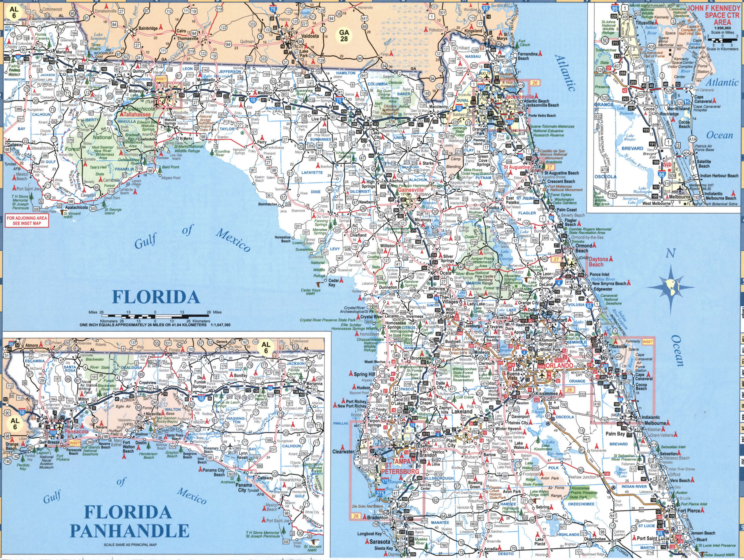 Map of northern Florida. Map of the northern part of the state of Florida with cities and roads