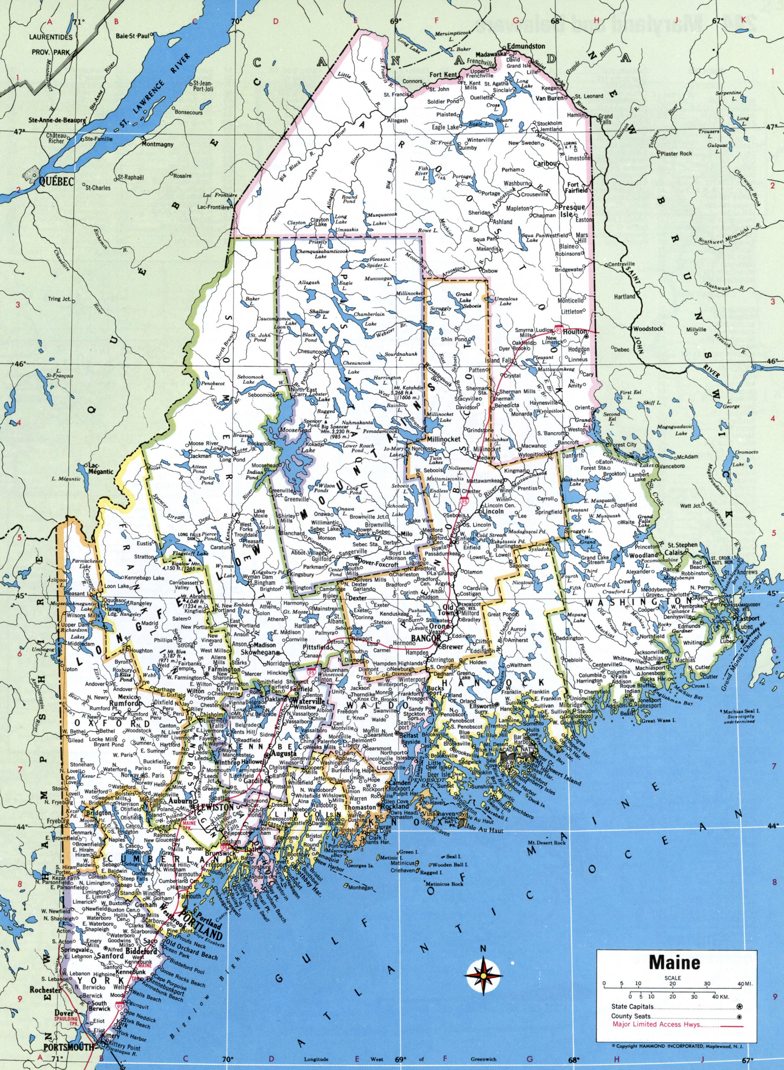 Map of Maine with county lines