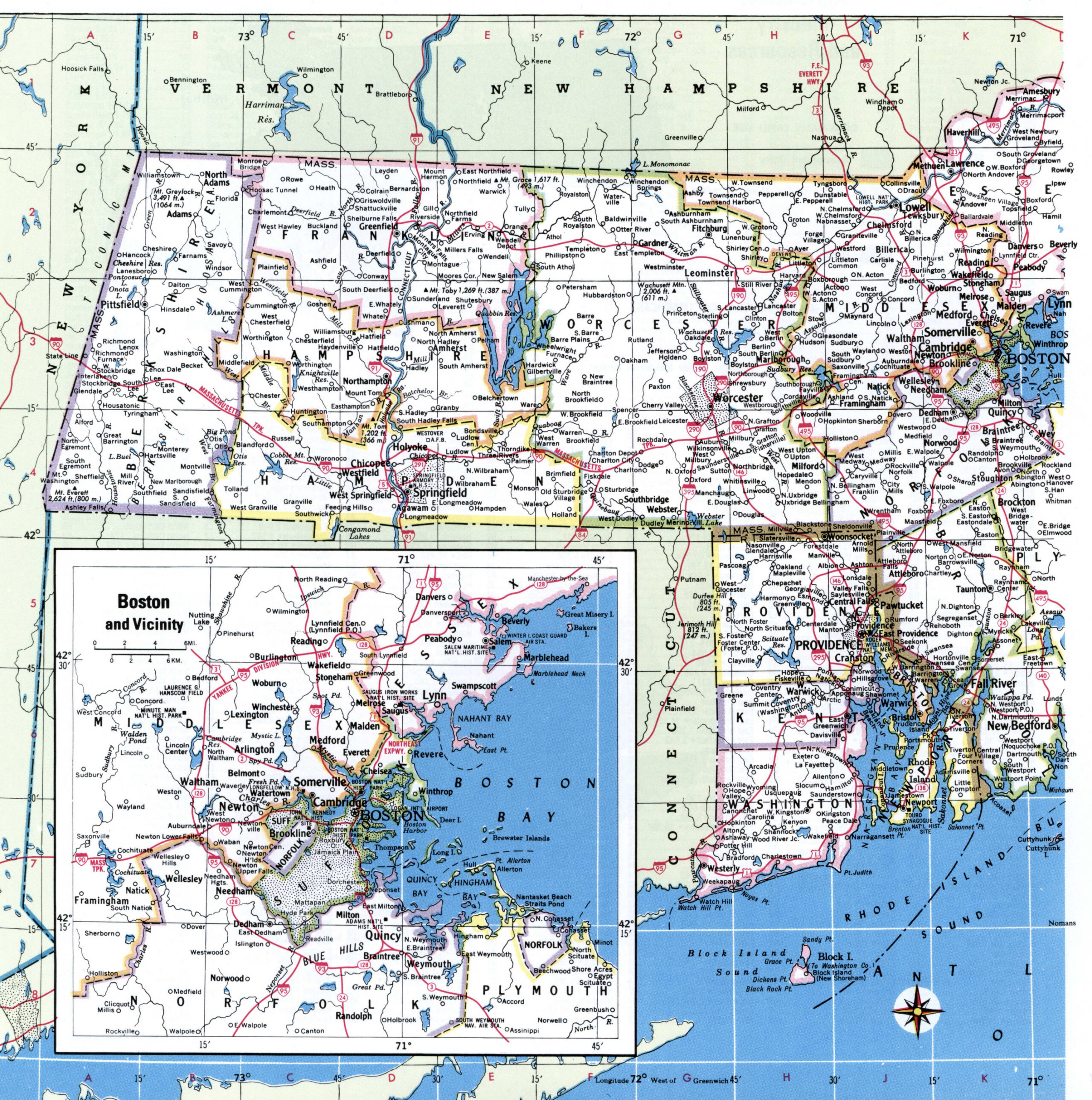 Map of Massachusetts with county boundary lines