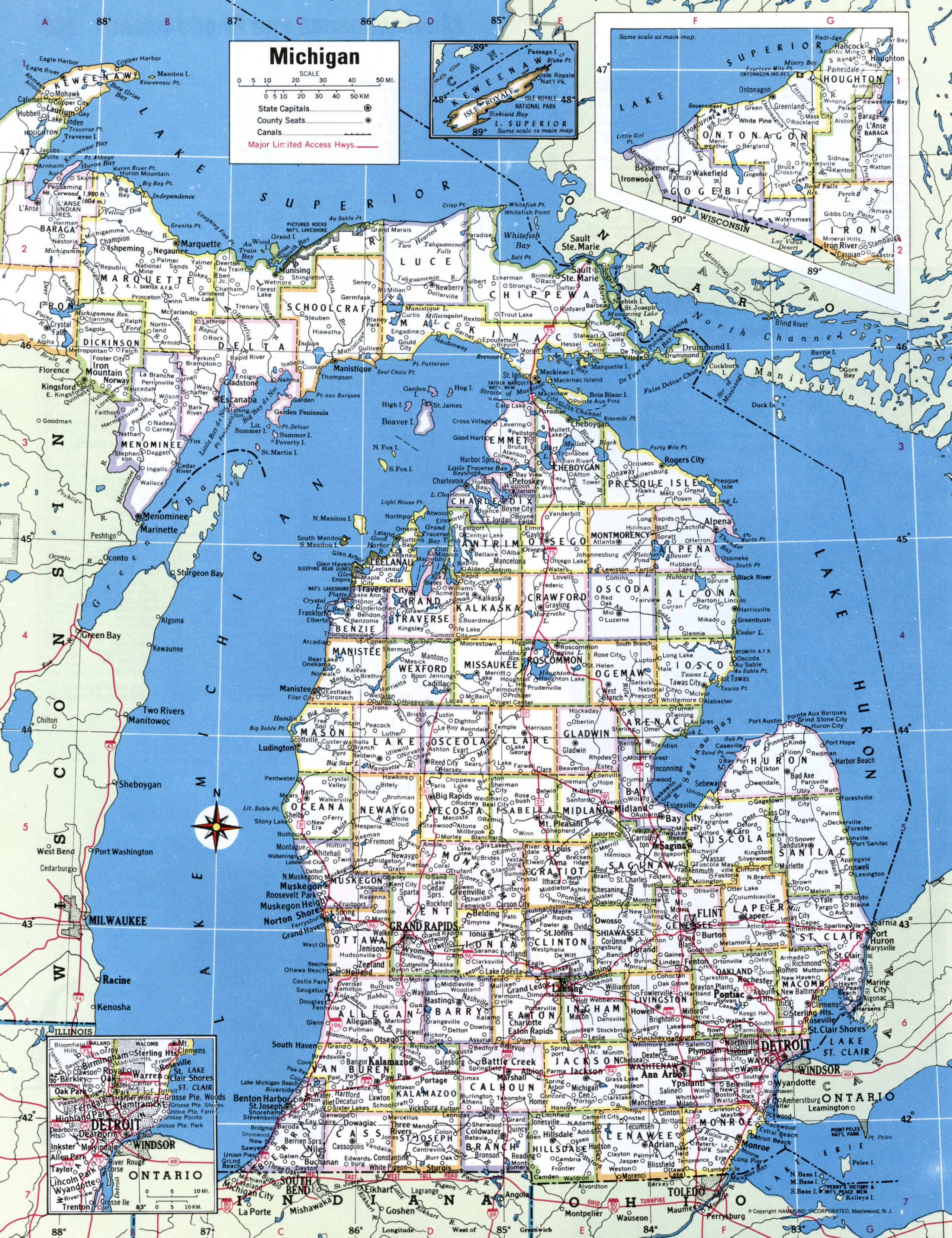 Map of Michigan with county boundary lines