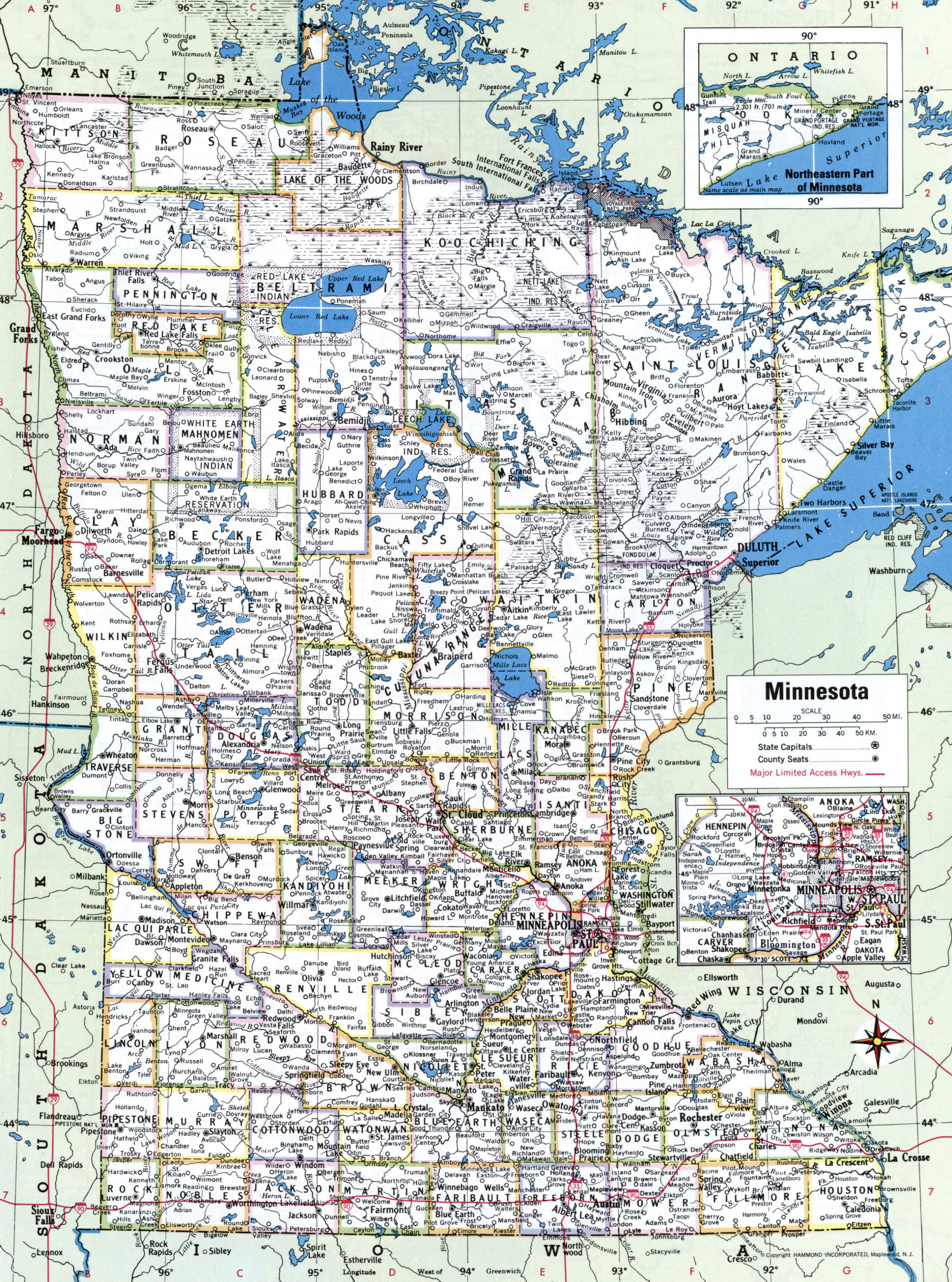 Map of Minnesota with county boundary lines