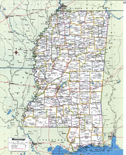 Map of Mississippi with county boundary lines