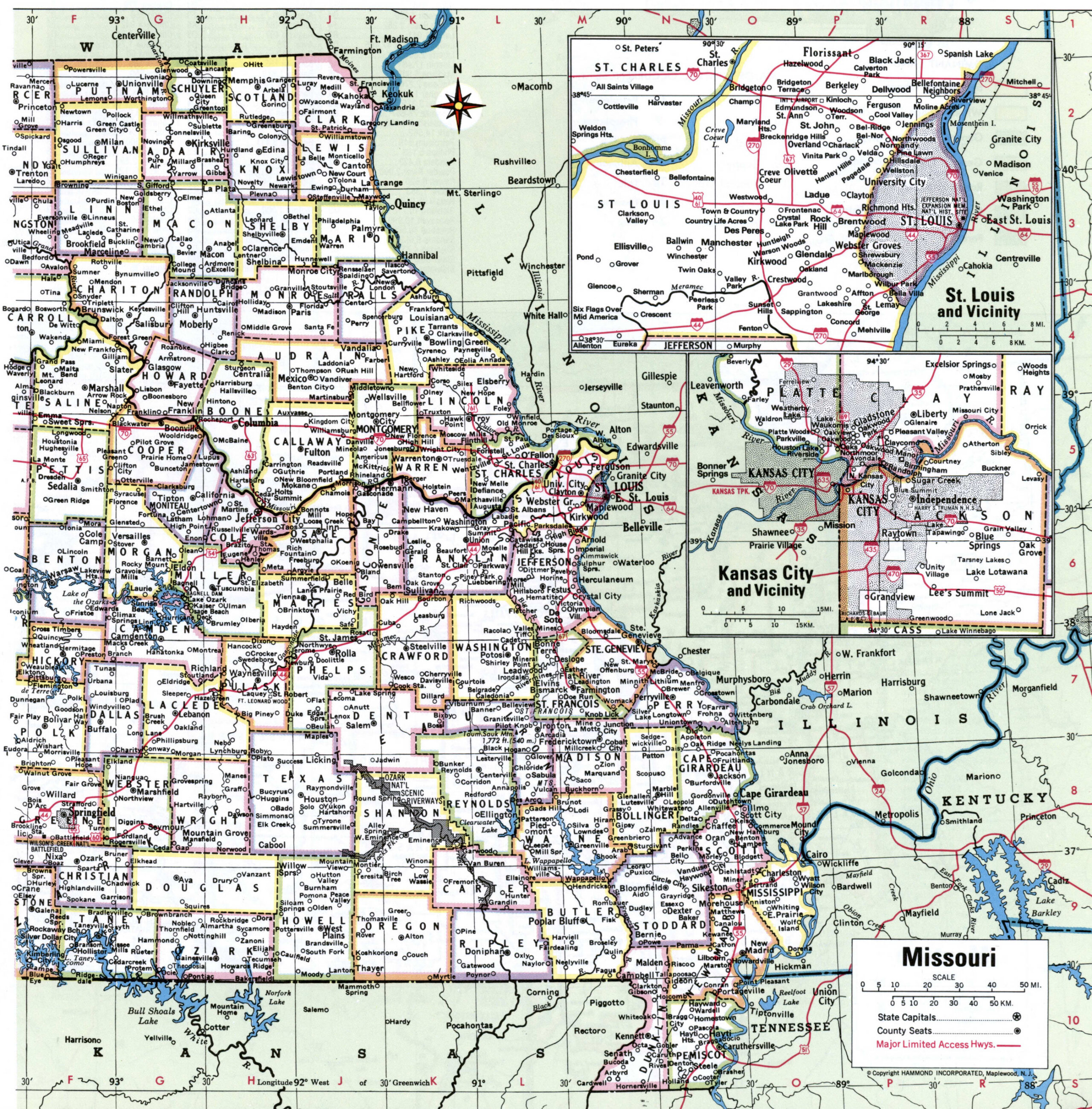 Map of Missouri with county boundary lines