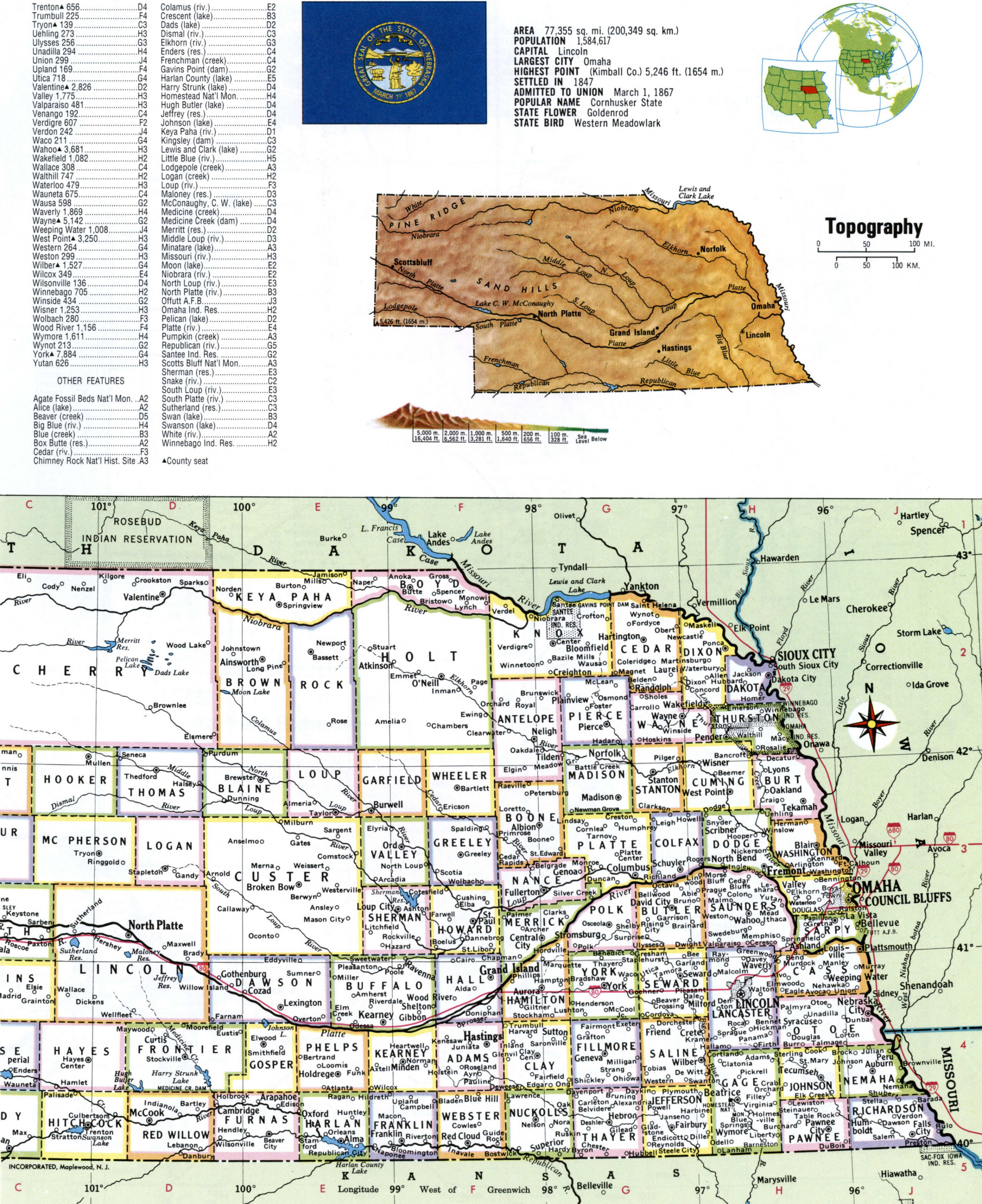 Map of Nebraska with county lines