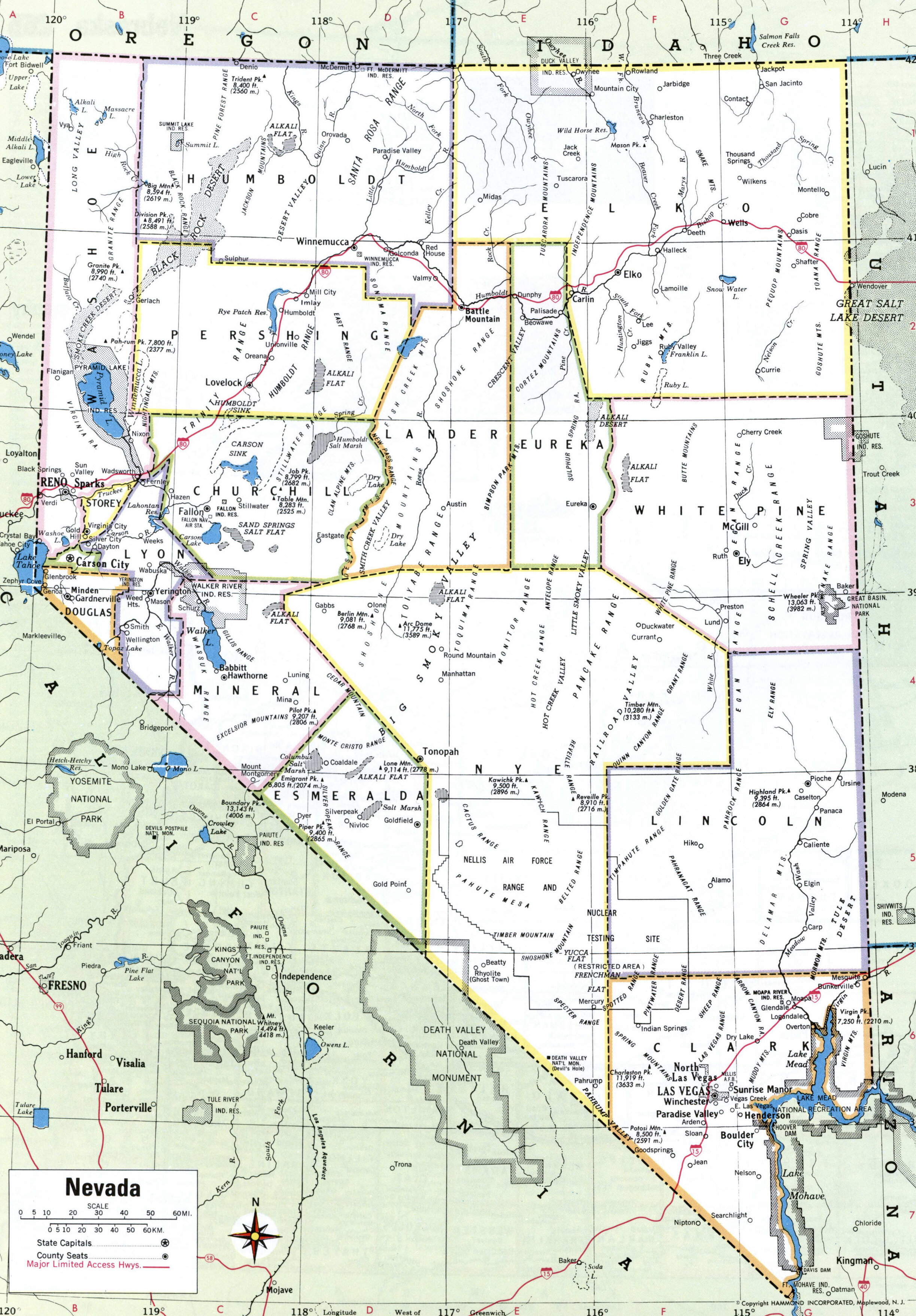 Map of Nevada with county lines