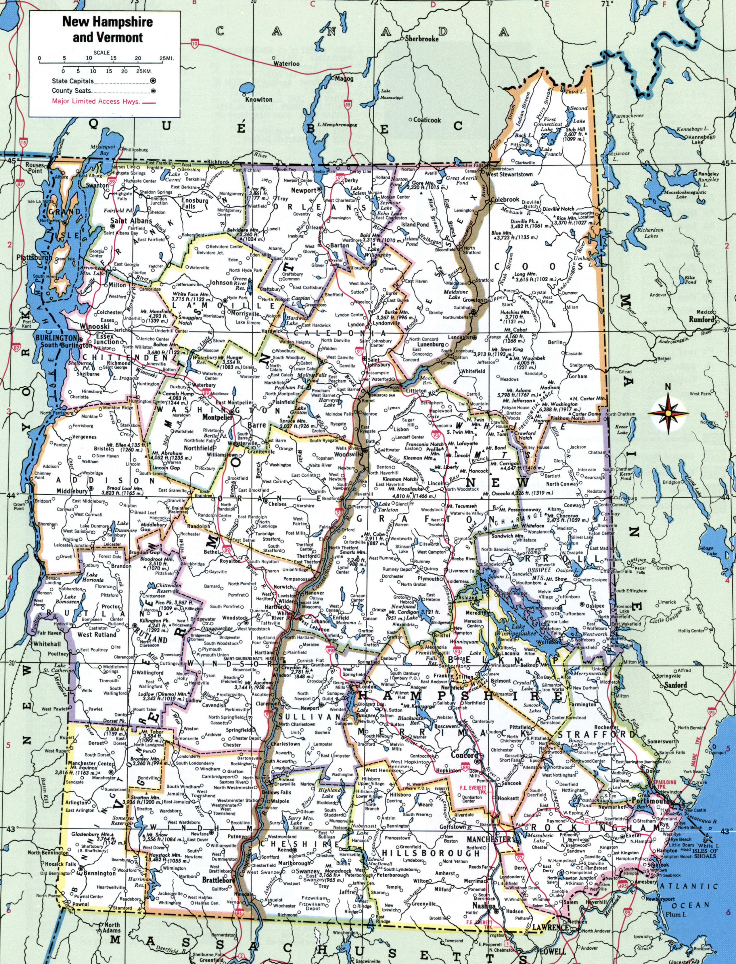 Map of Vermont with county lines