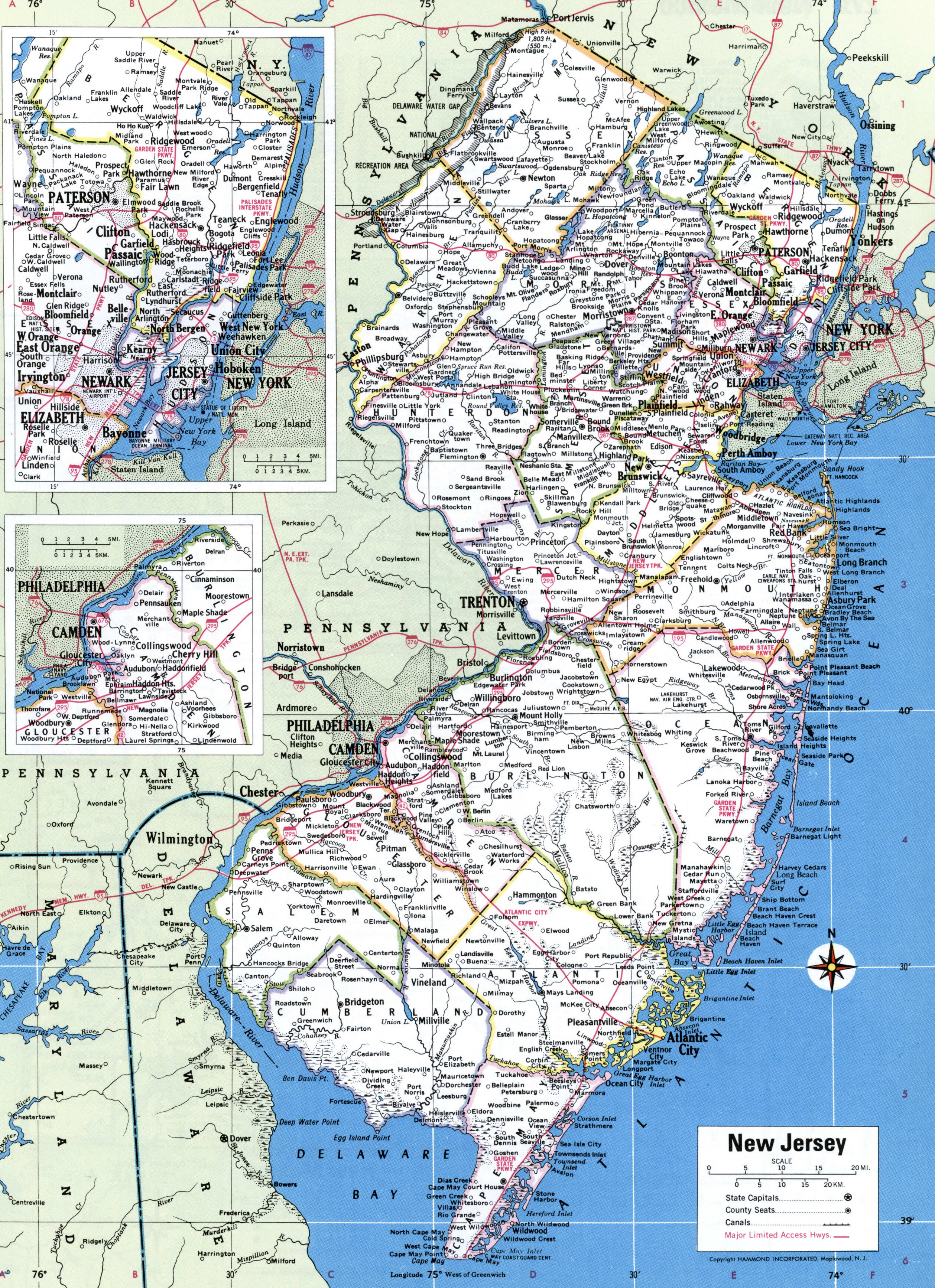Map of New Jersey with county lines