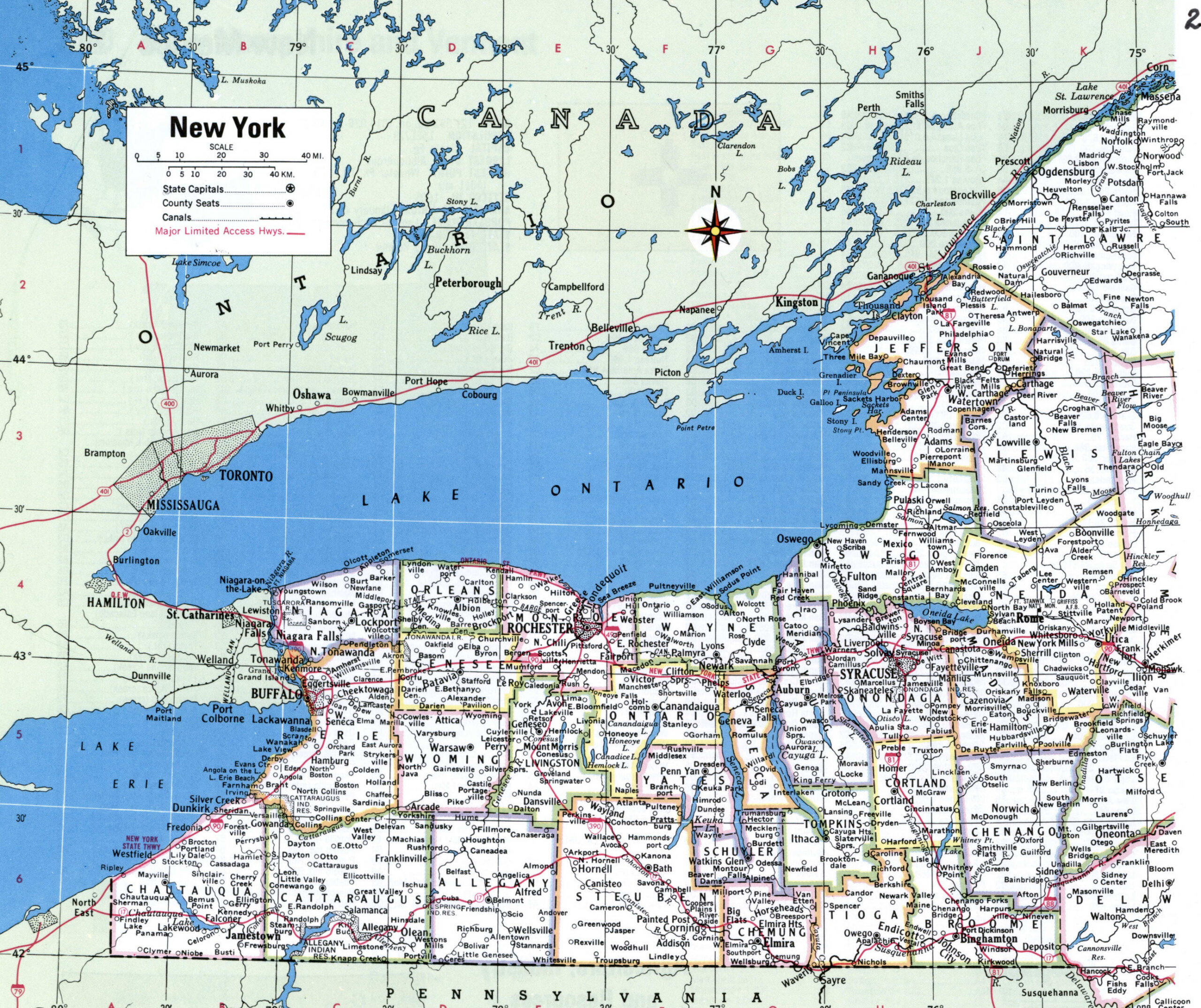 Map of New York with county lines