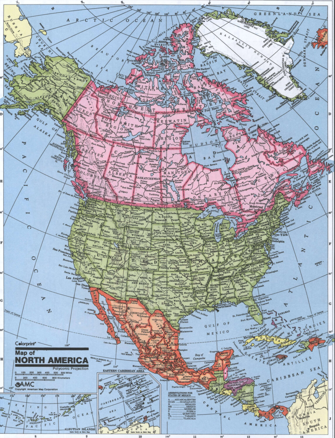 Political map of North America with country borders and city names