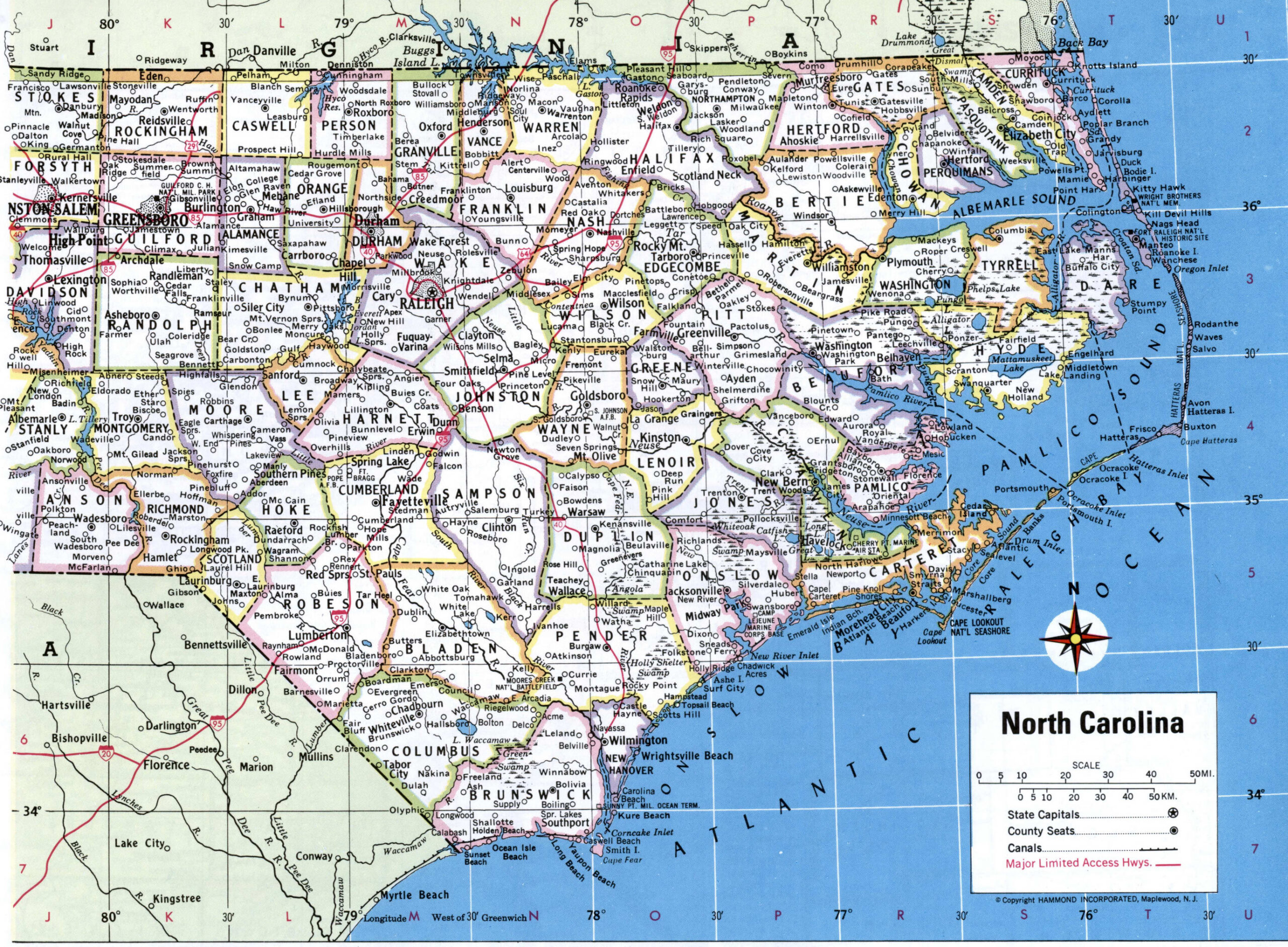 Map of North Carolina with county lines