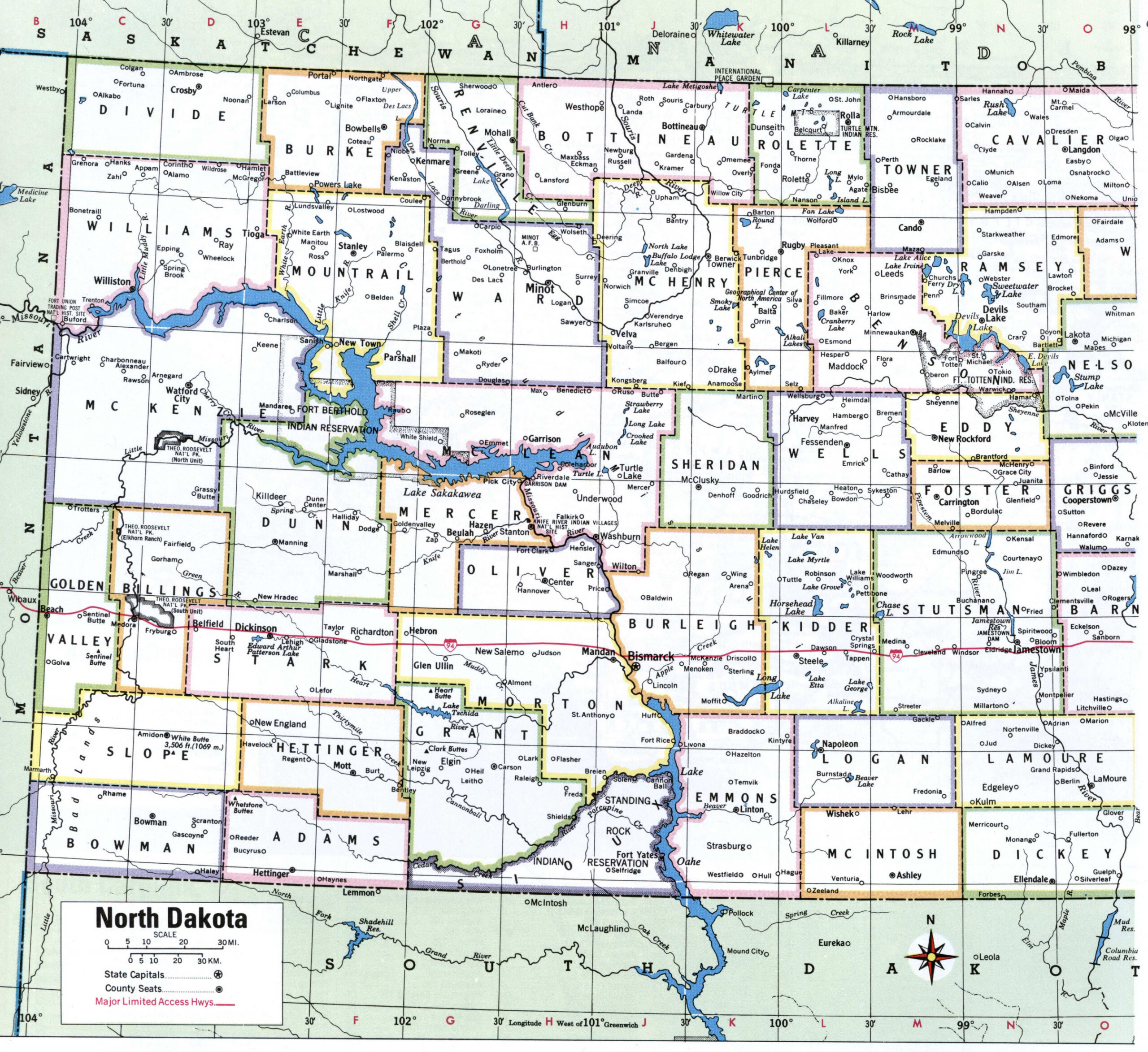 Map of North Dakota with county lines