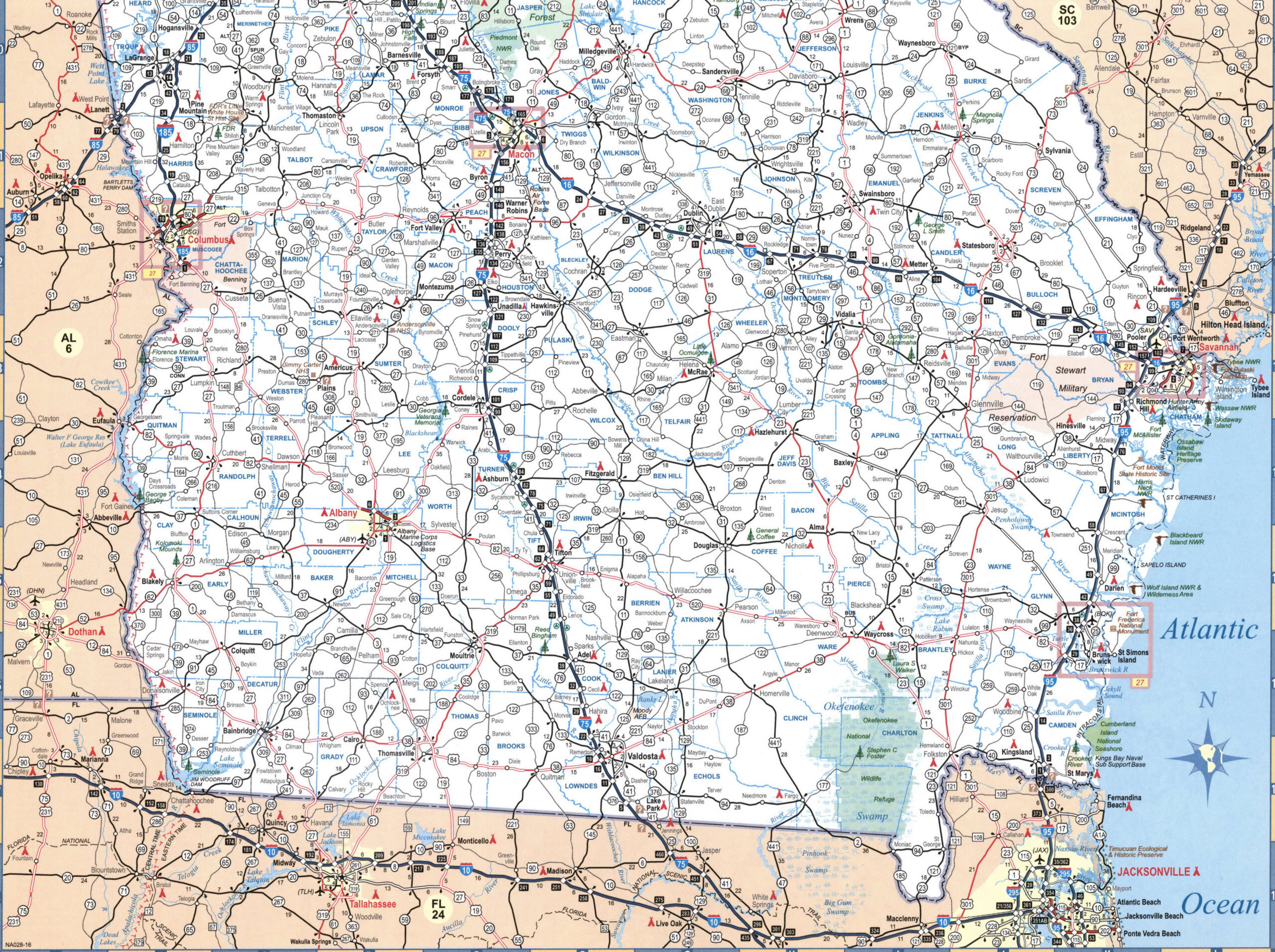 Map of southern Georgia. Map of the southern part of the state of Georgia with cities and towns