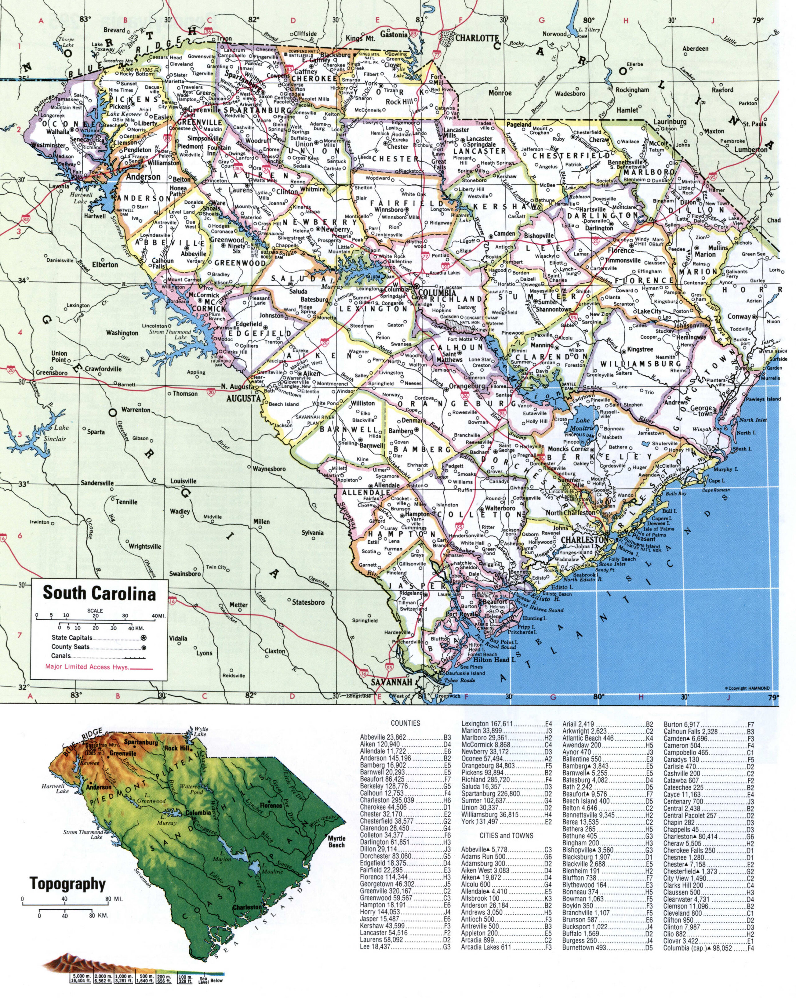 Map of South Carolina with county lines