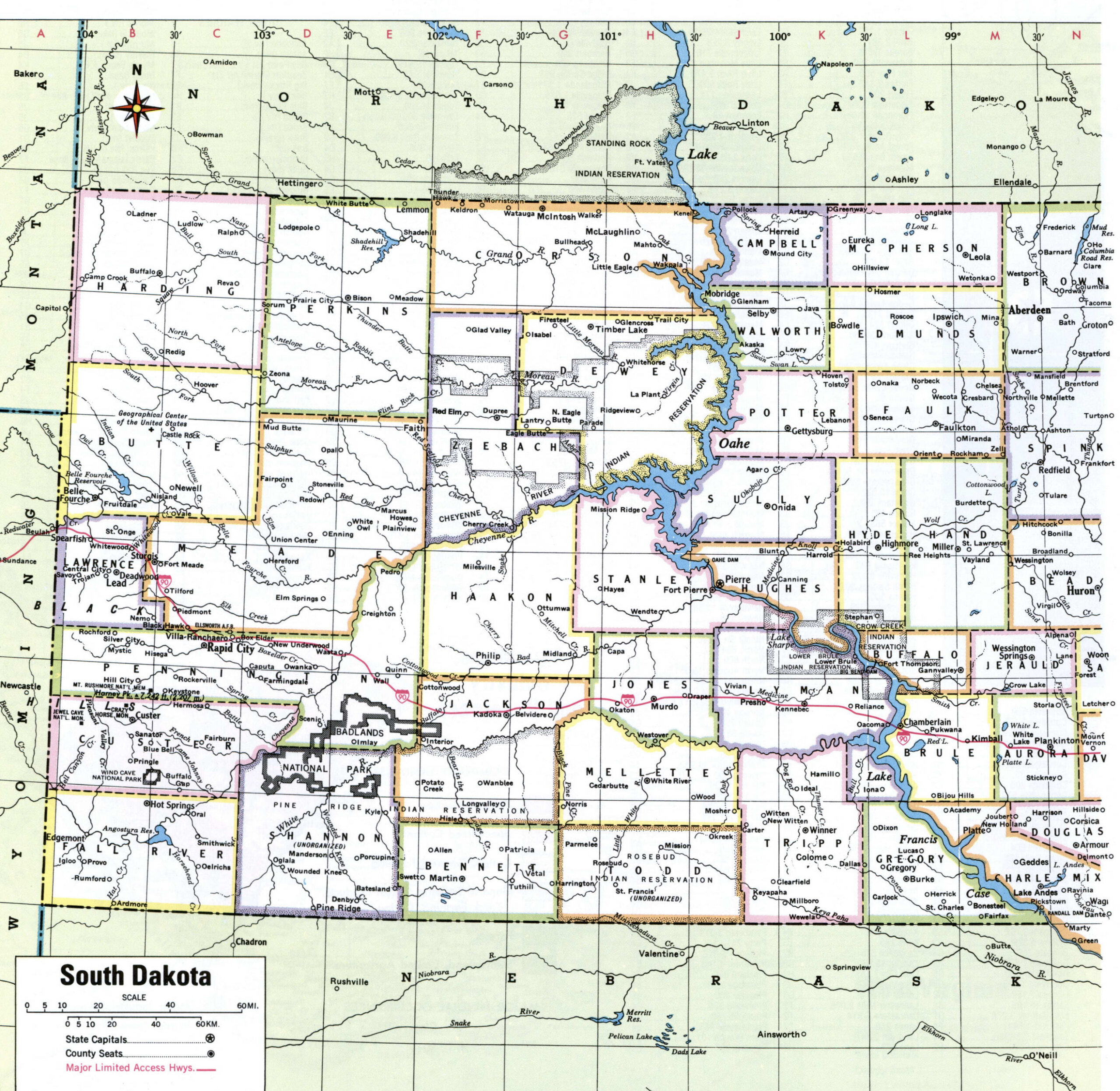 Map of South Dakota with county lines
