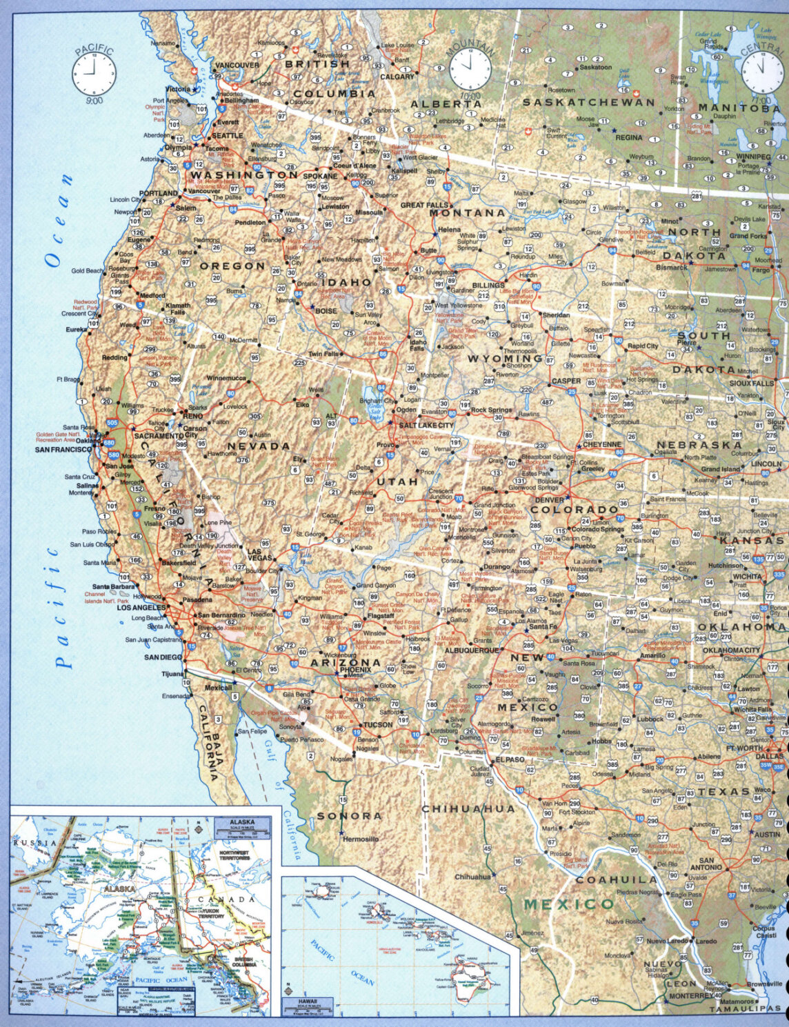Physical map of the western USA with cities, roads, and state borders
