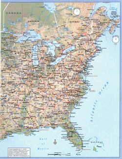 Physical map of the eastern United States with cities, roads, and state borders
