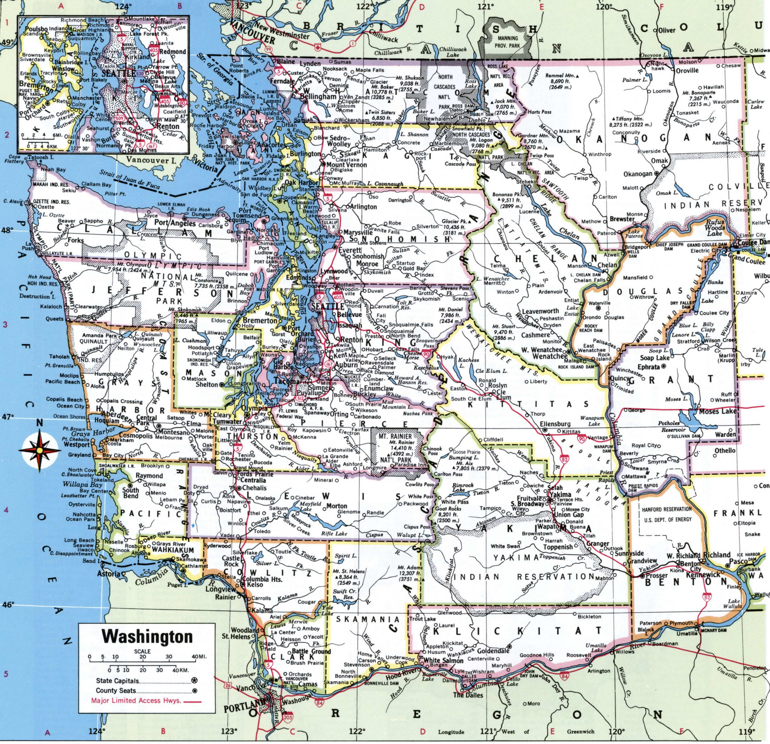Map of Washington with county lines