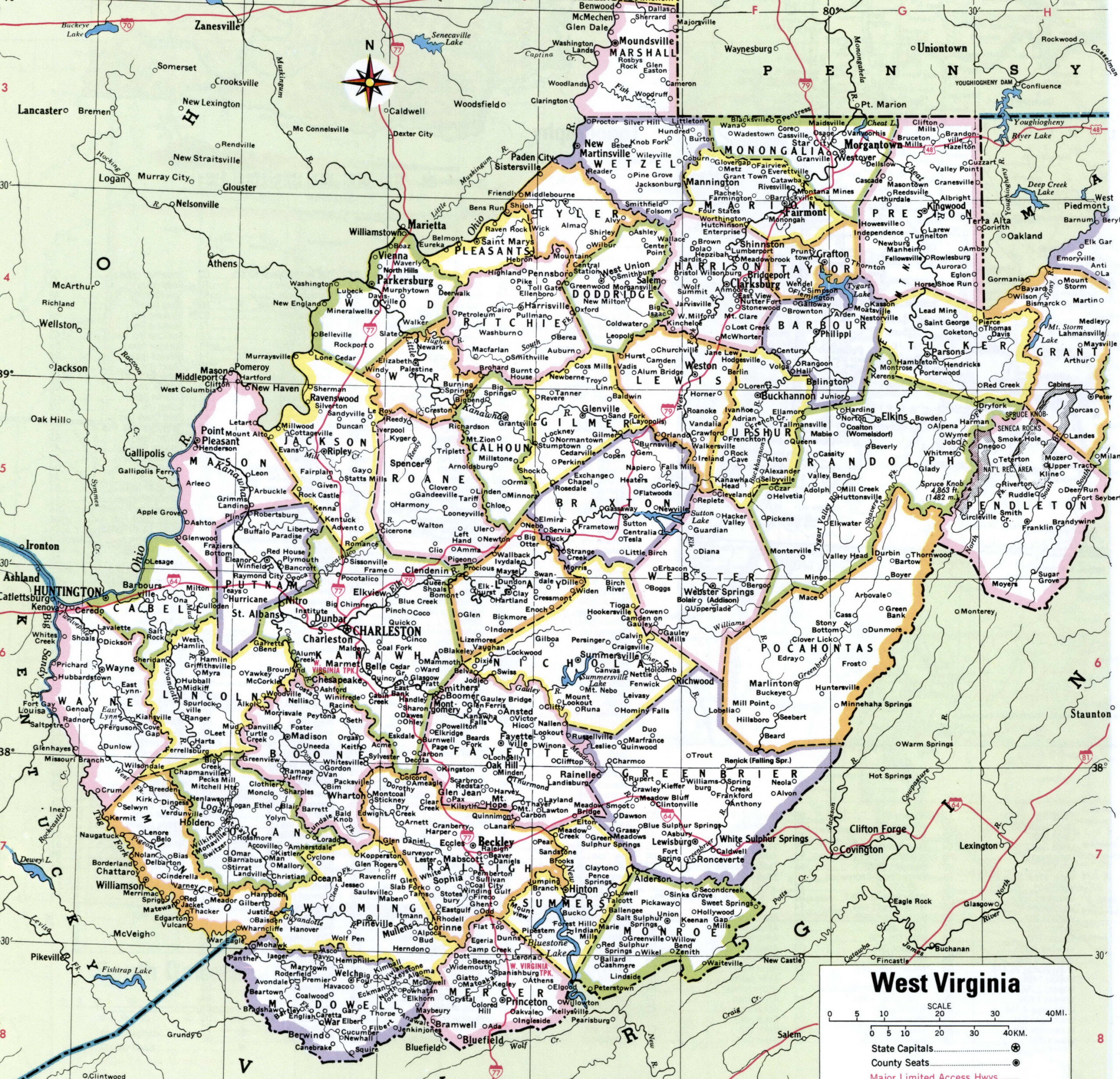 Map of West Virginia with county lines
