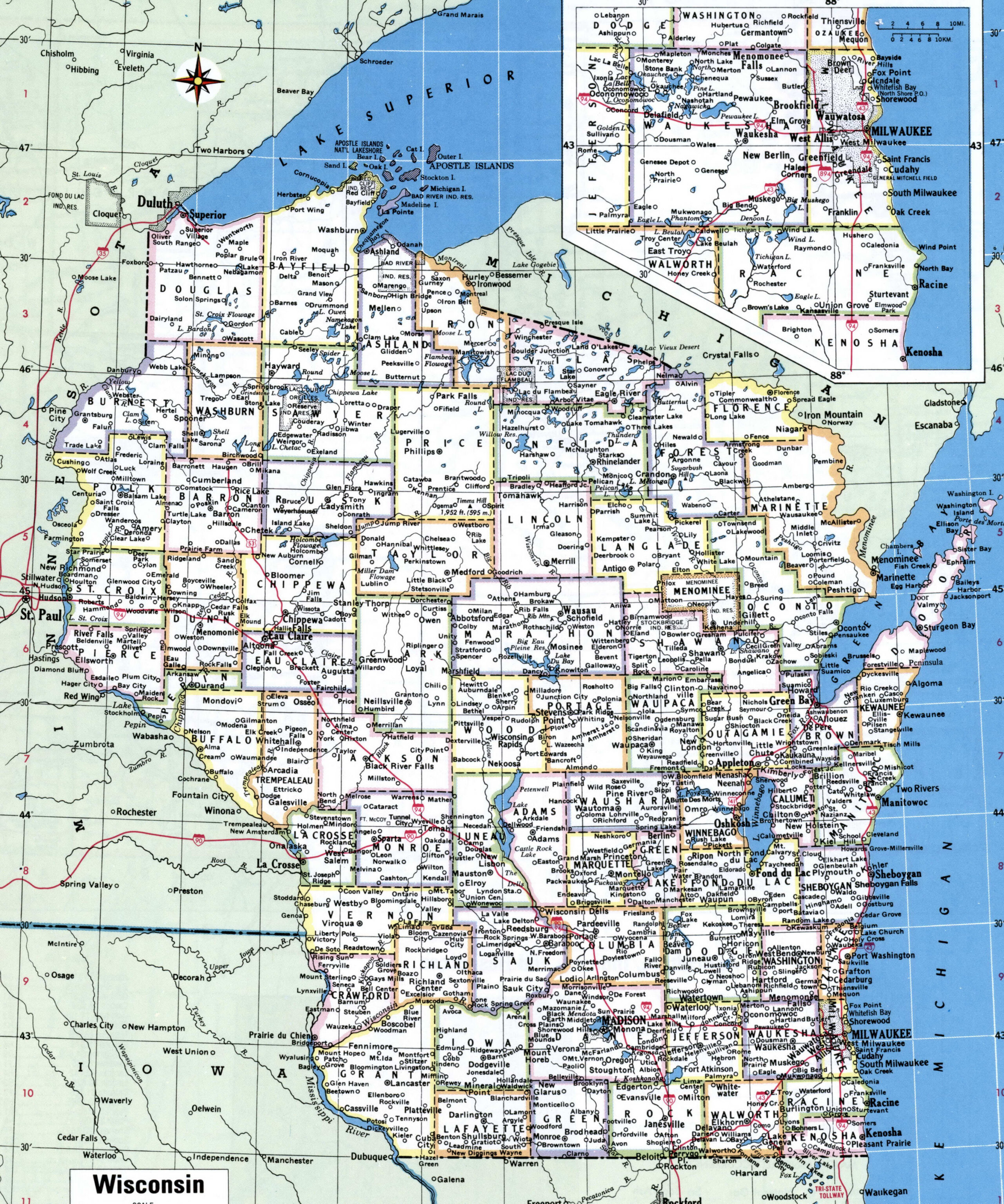 Map of Wisconsin with county lines