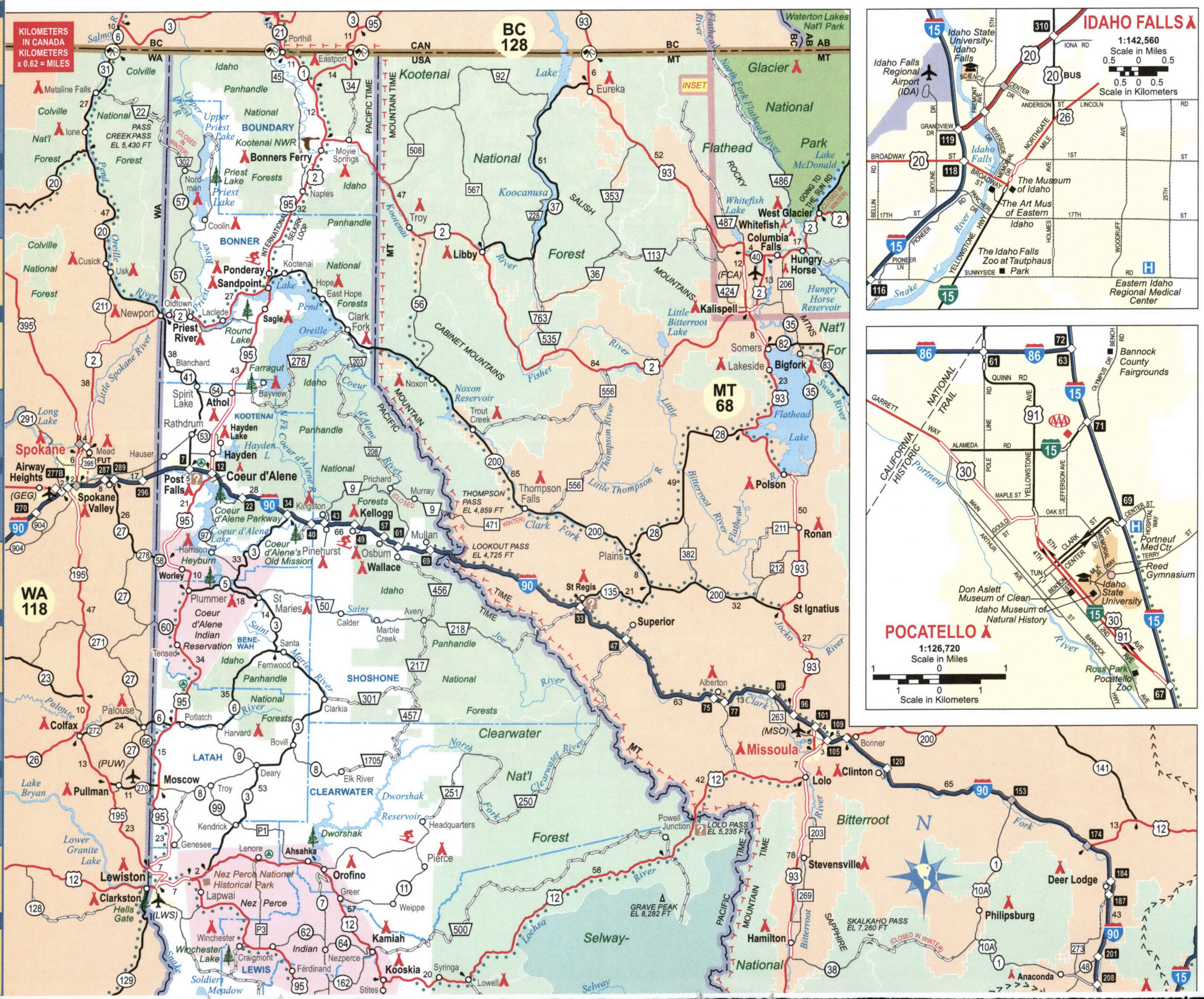 Map of northern Idaho. Map of the northern part of the state of Idaho with cities and towns