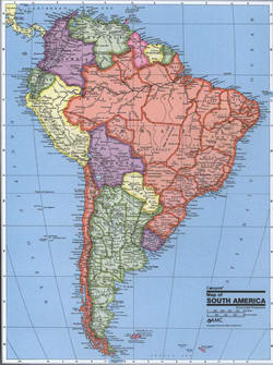 Political map of South America showing country borders and city names