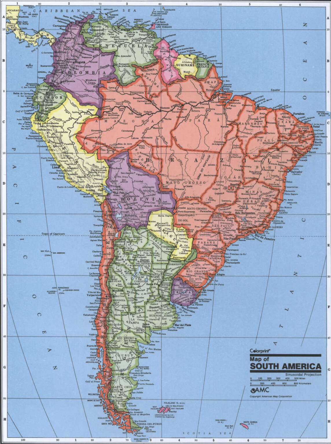 Political map of South America with country and region borders, capitals, and cities
