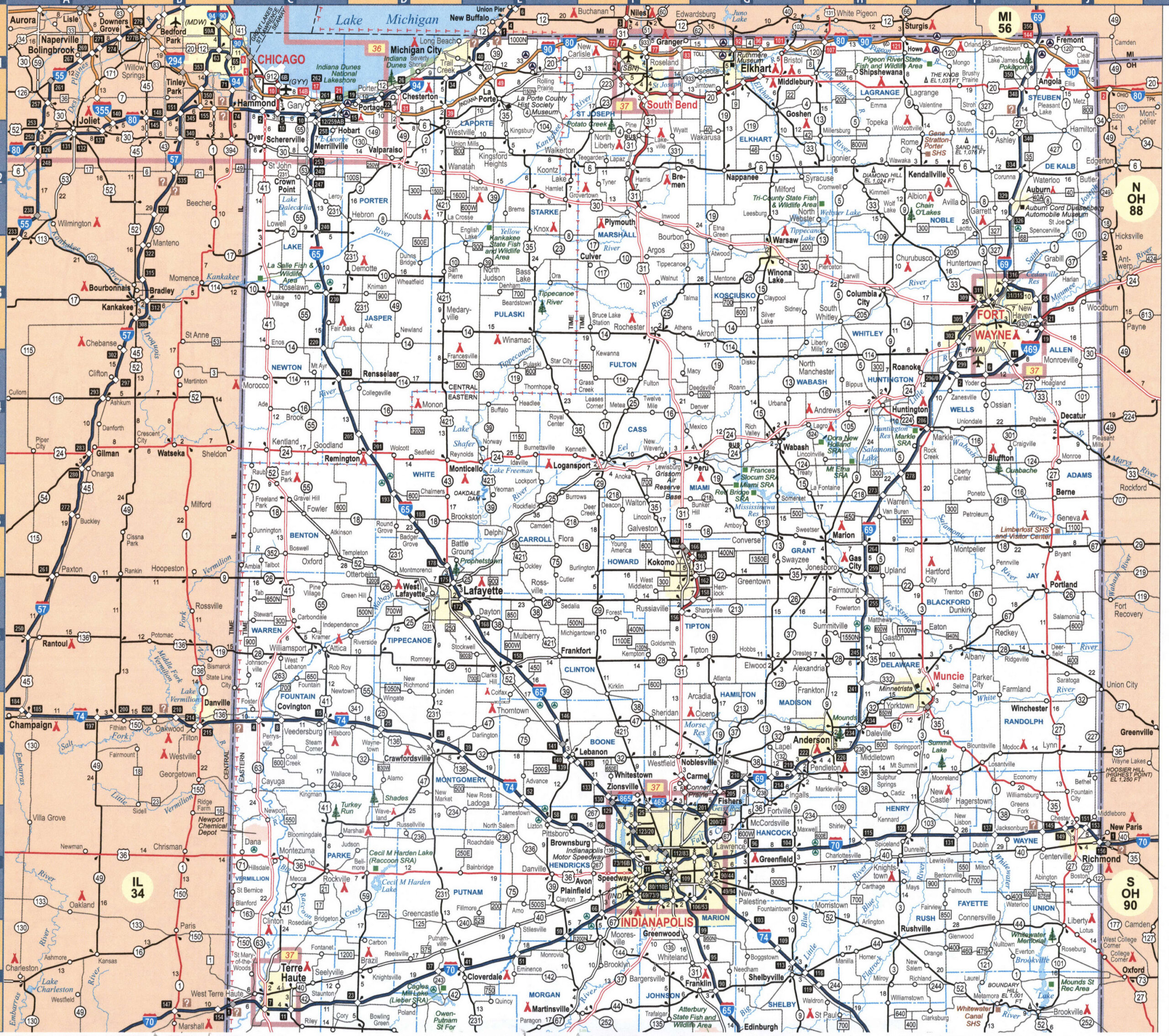 Map of northern Indiana. Map of the northern part of the state of Indiana with cities and roads