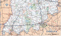 Map of southern Indiana. A map of the southern part of Indiana with cities and roads
