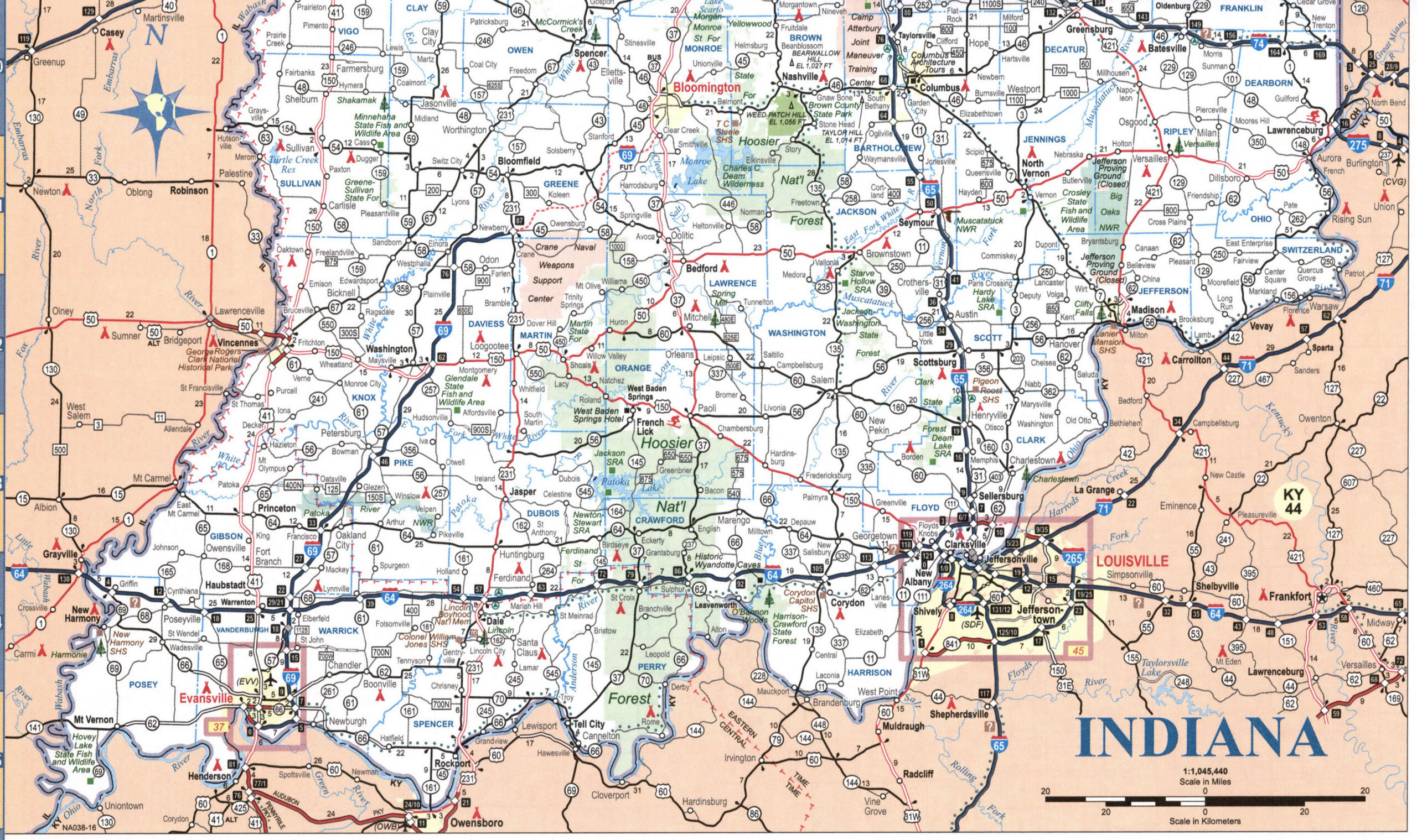 Map of southern Indiana. A map of the southern part of Indiana with cities and roads