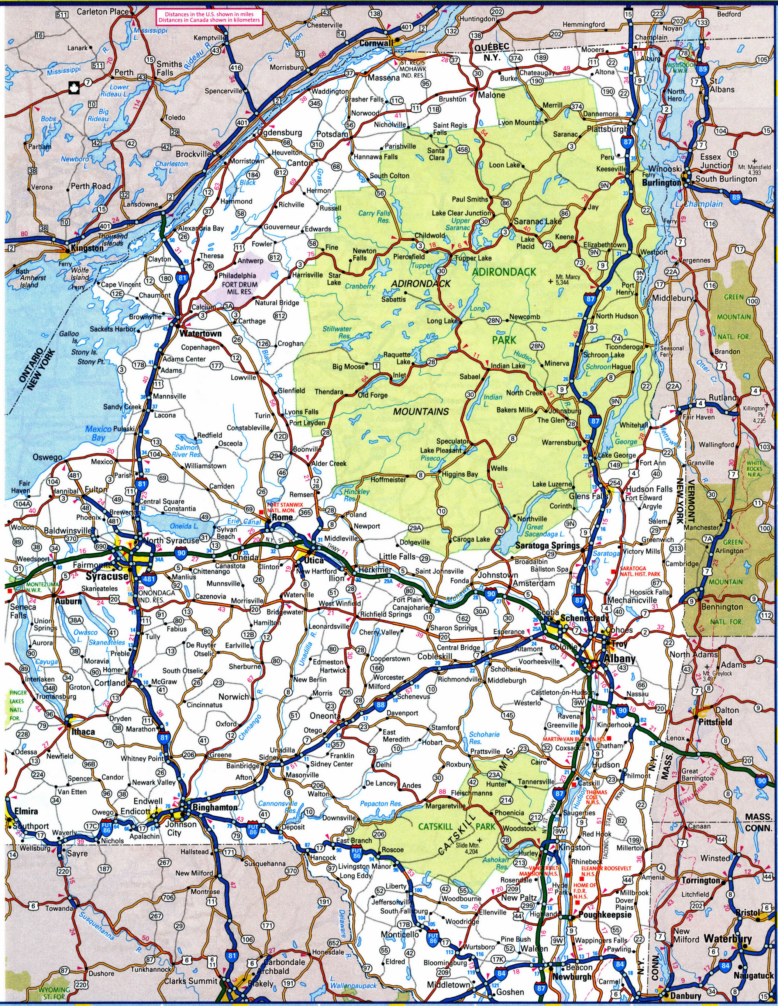 Detailed map of the eastern part of New York with cities and roads