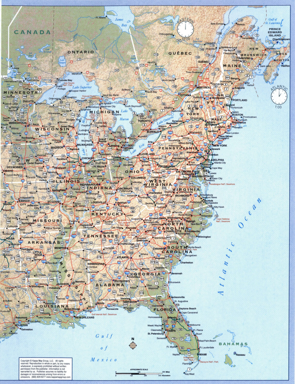 Physical map of the eastern United States with cities, roads, and state borders
