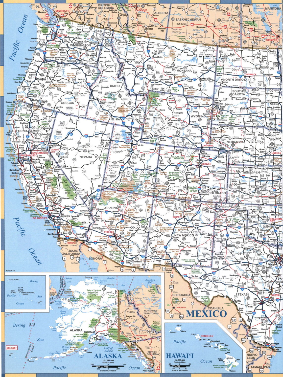 Map of the western half of the United States with state borders, cities, and roads