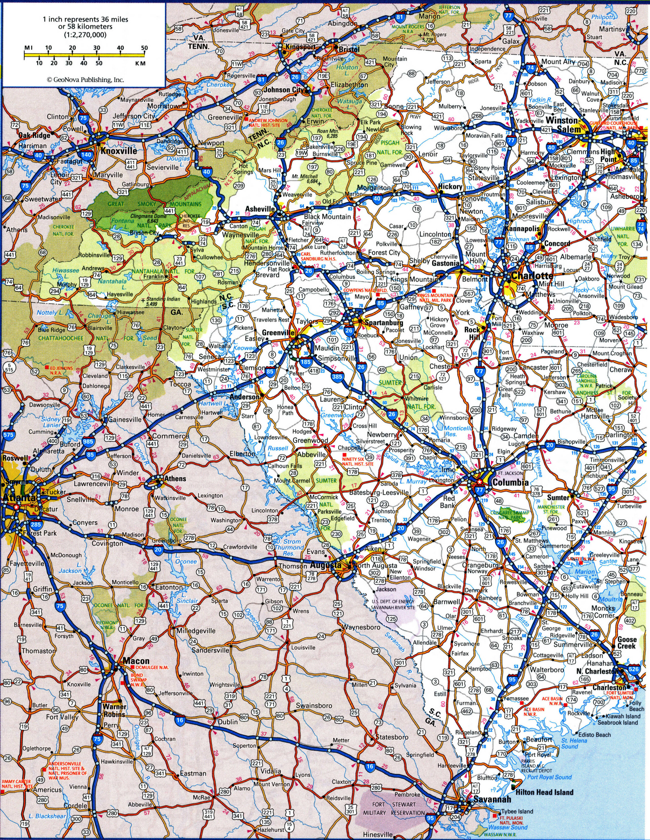 Detailed map of the western part of North Carolina with cities and roads