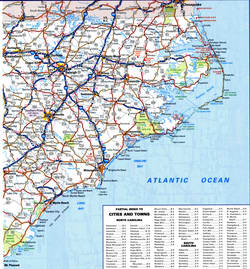 Detailed map of the eastern part of North Carolina with cities and roads