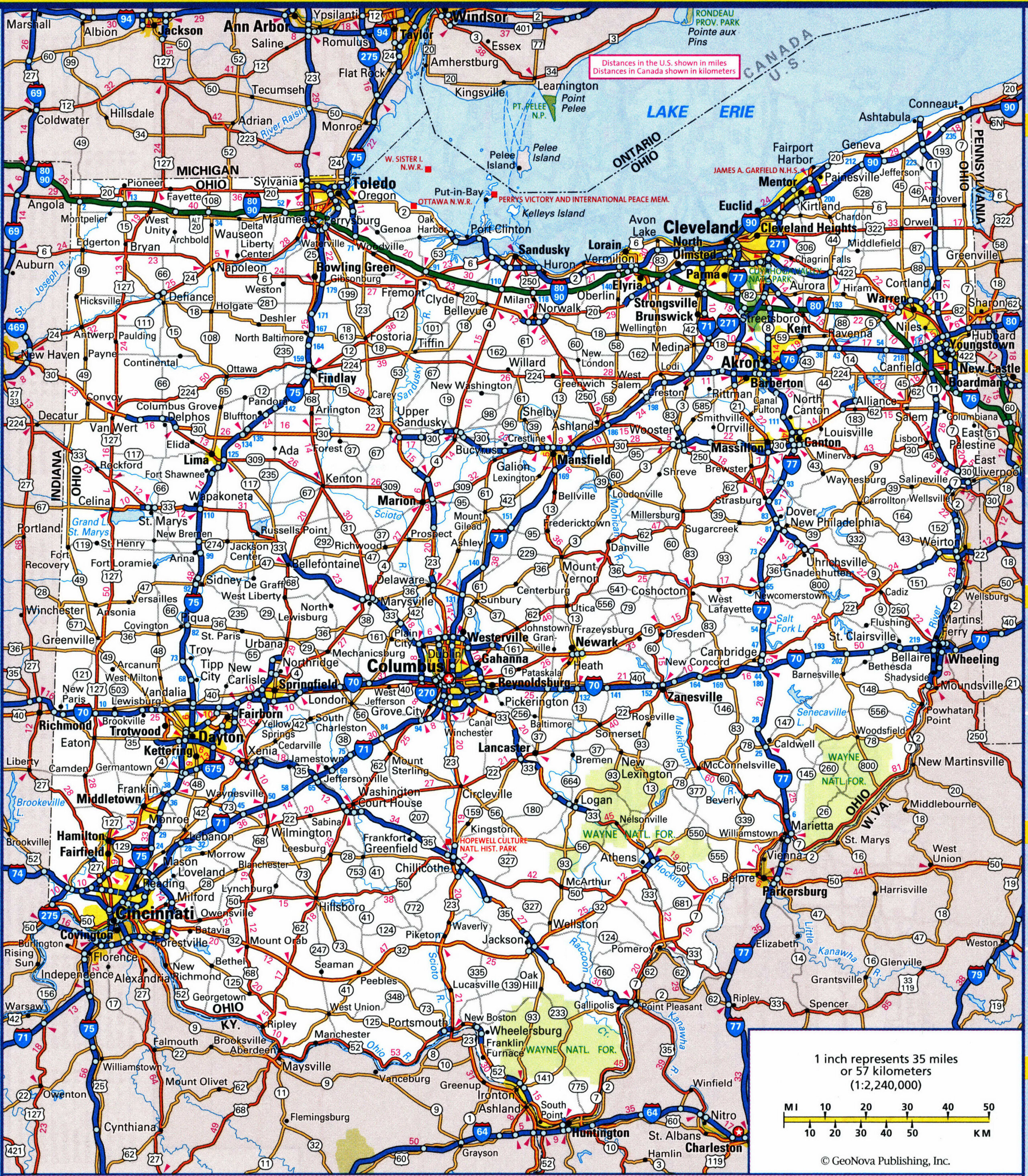 Highway and road map of the state of Ohio with populated areas