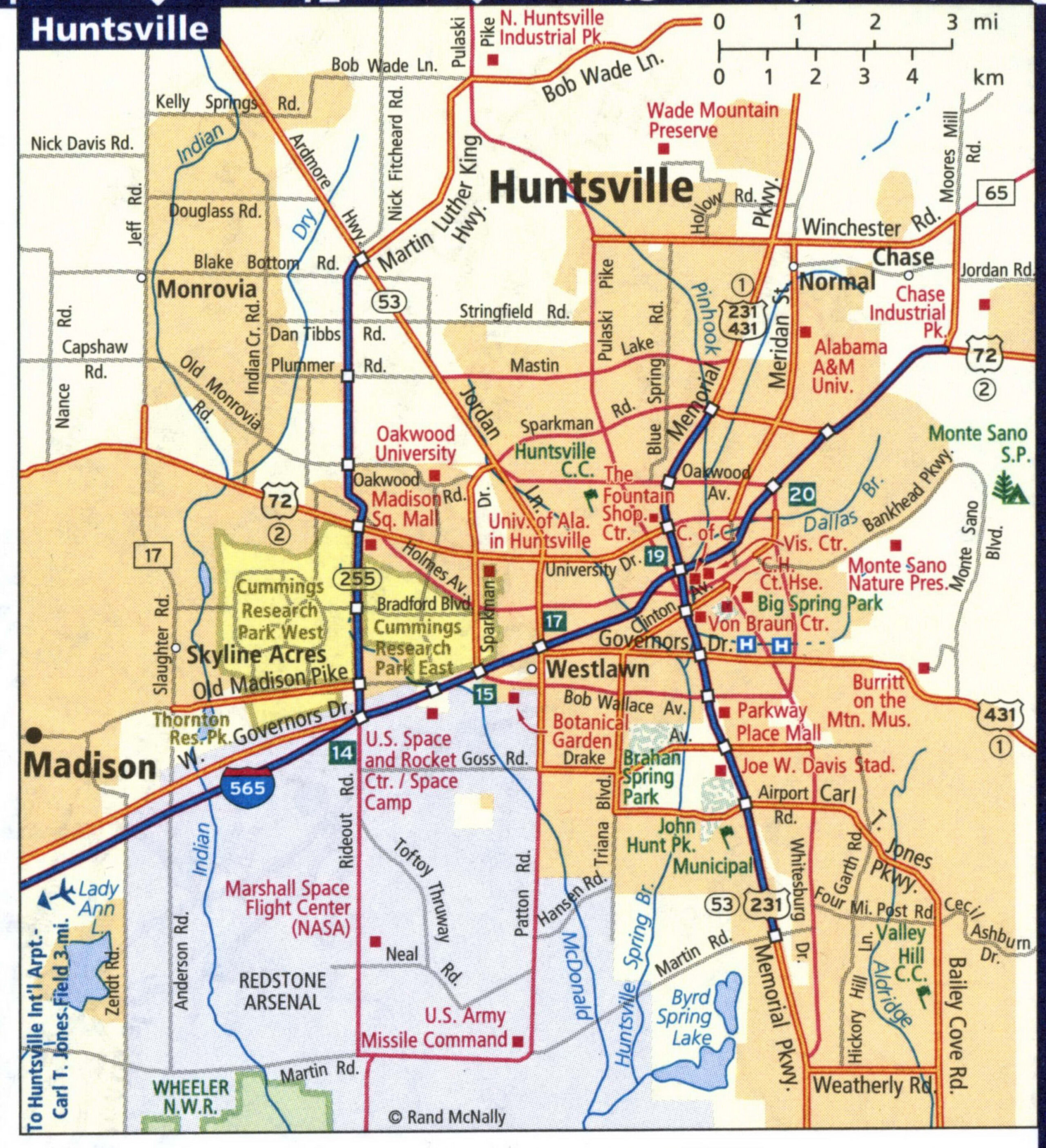 Huntsville tourist map with street names and points of interest
