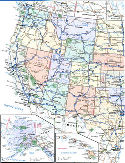 Political map of the U.S. Pacific Coast with cities and roads
