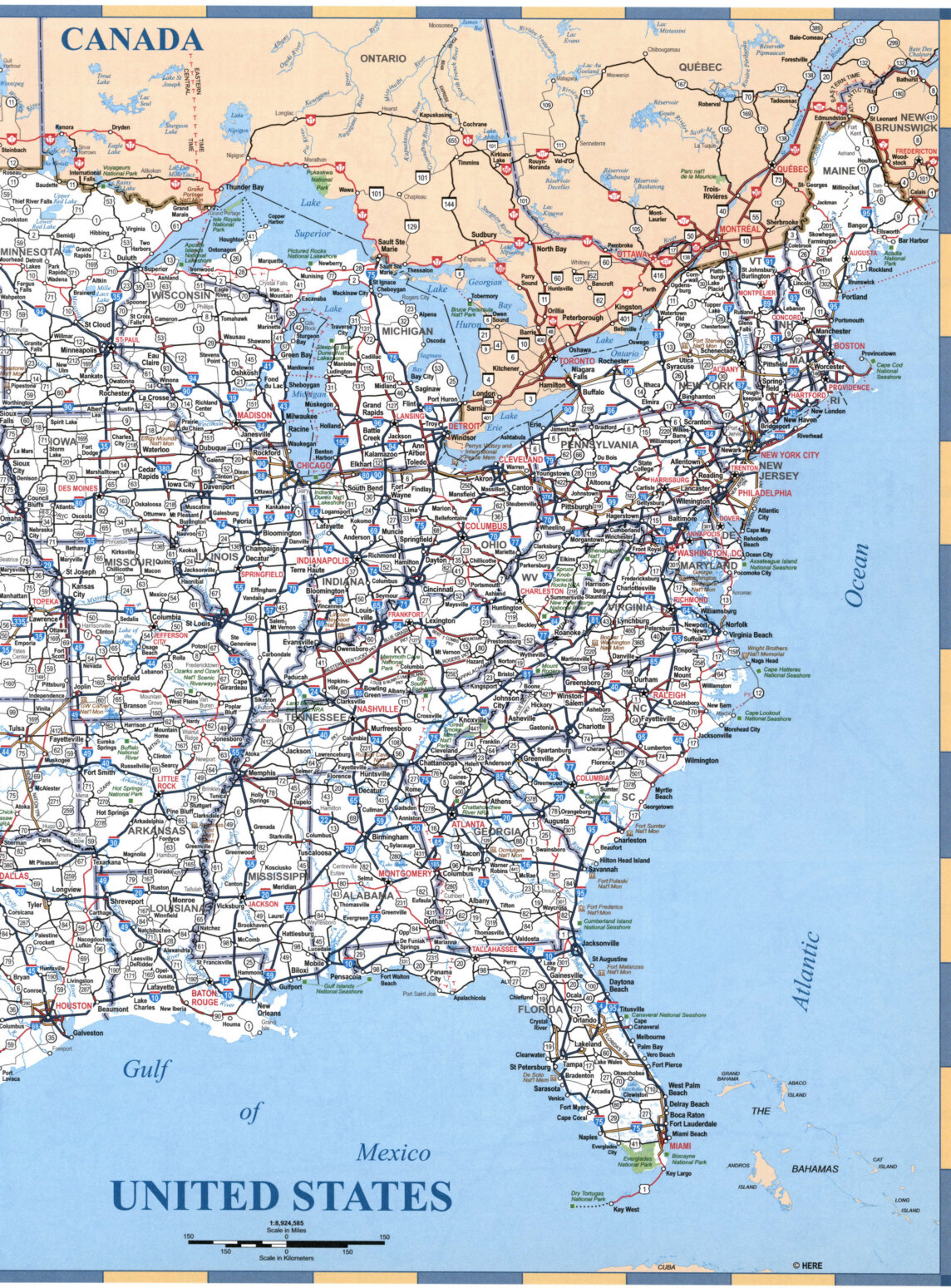 Map of the eastern half of the USA with state boundaries, cities, and roads