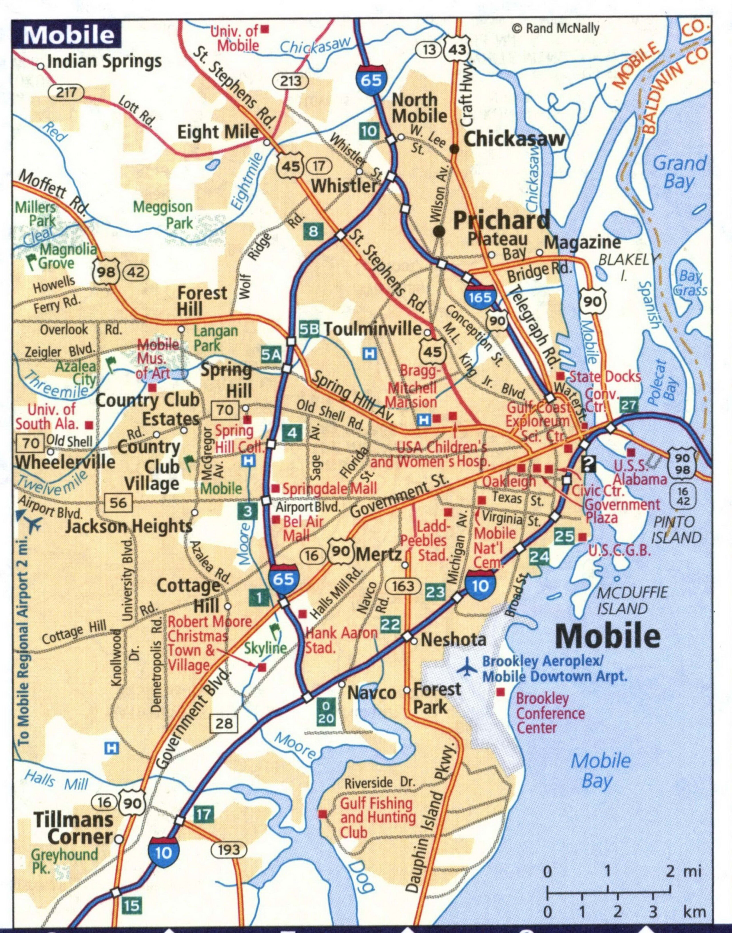 Mobile Alabama tourist map with street names and points of interest