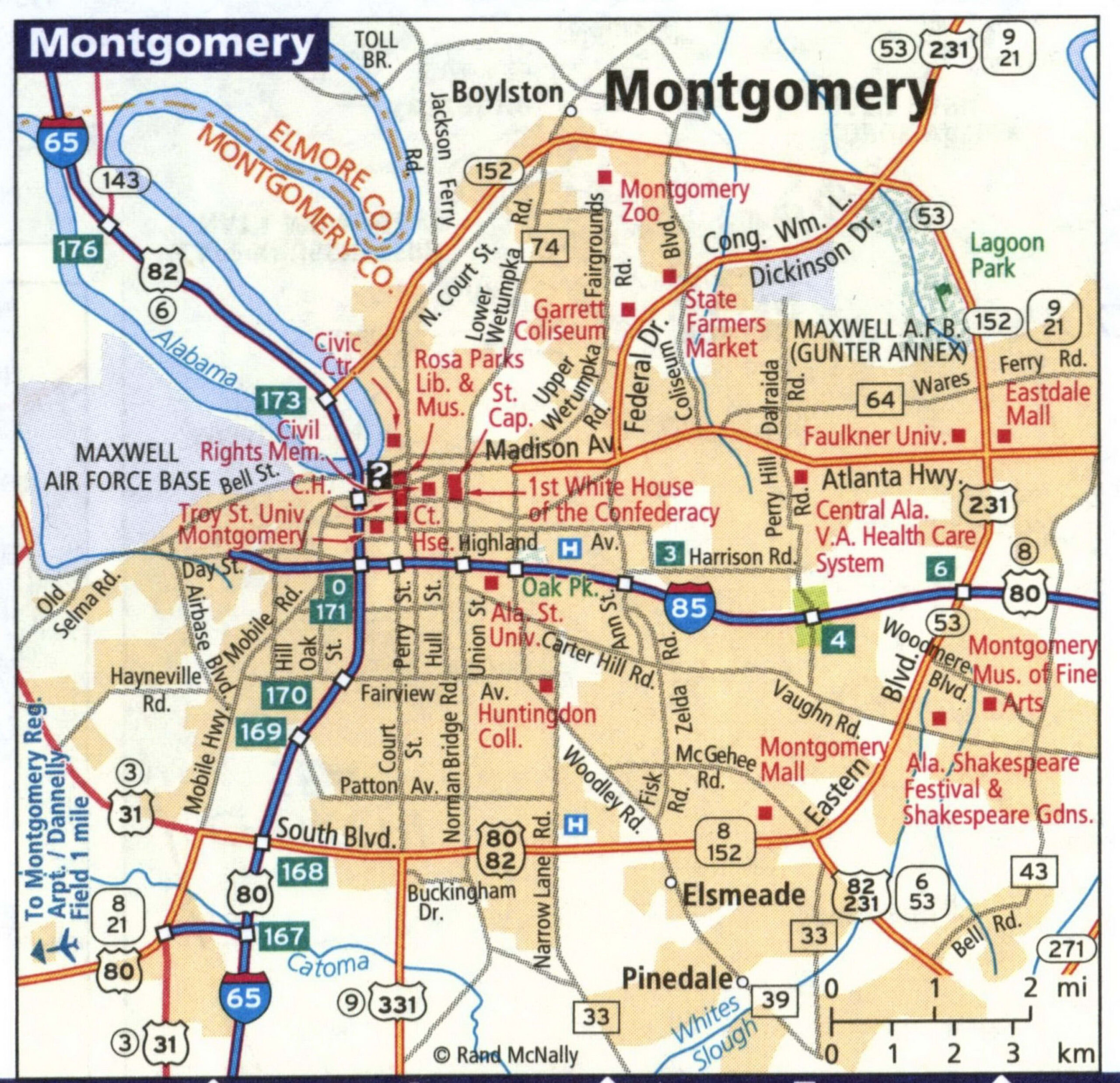 Montgomery Alabama tourist map with interesting places