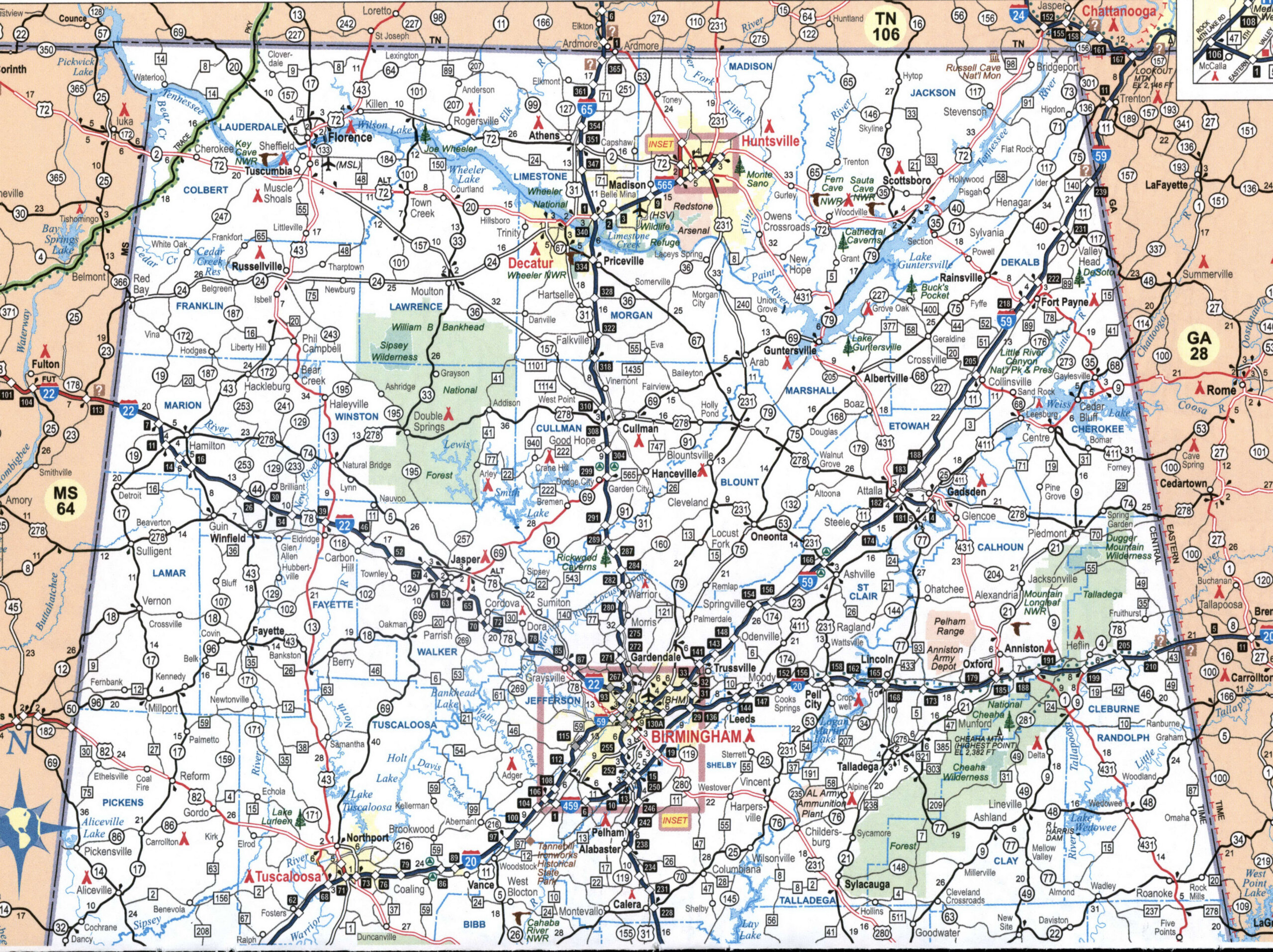 The map of Alabama is large. The map of the state of Alabama is detailed, showing cities, towns, and roads.