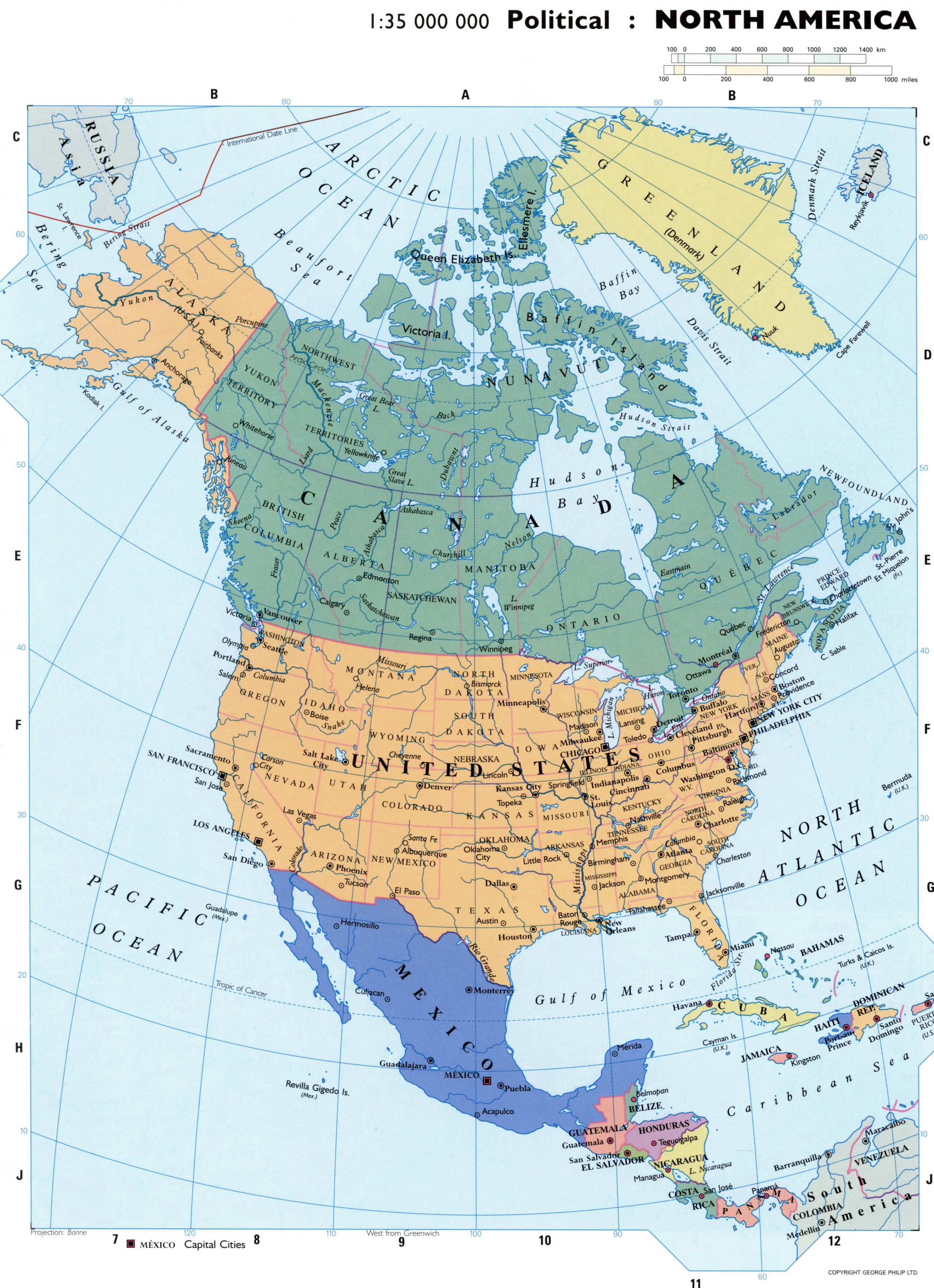 Political map of North America with capitals