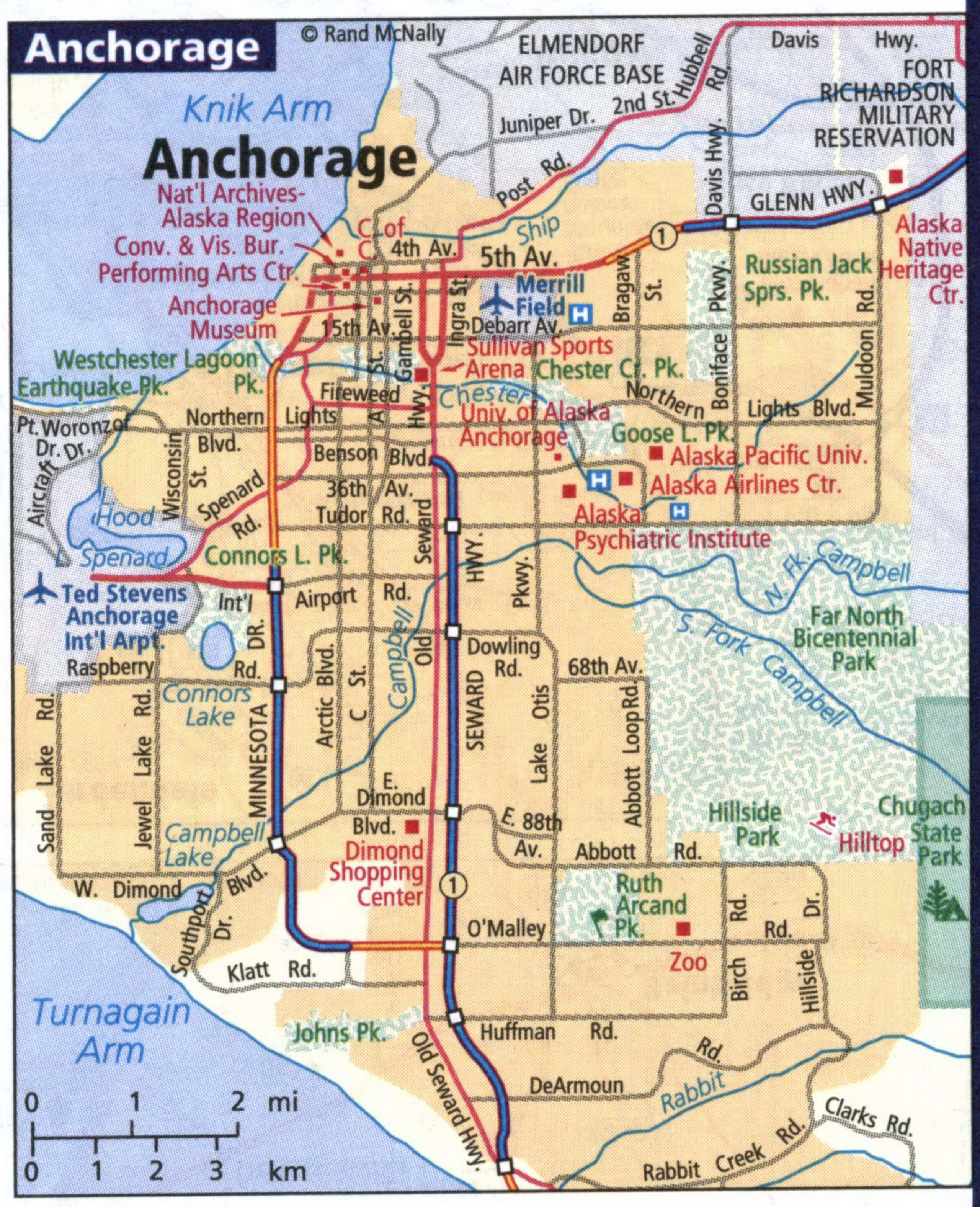 Anchorage tourist map<br />Map of Anchorage with street names and points of interest
