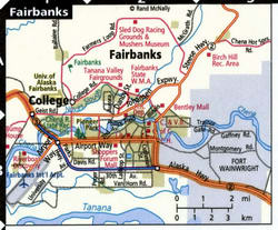 Map of the Fairbanks area with routes for heavy trucks