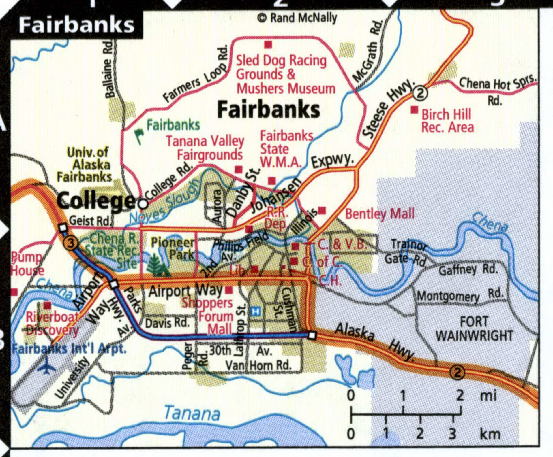Map of the Fairbanks area with routes for heavy trucks