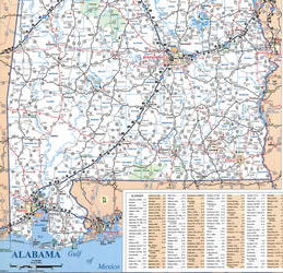 Map of southern Alabama. A detailed map of the southern part of the state of Alabama with cities and towns.