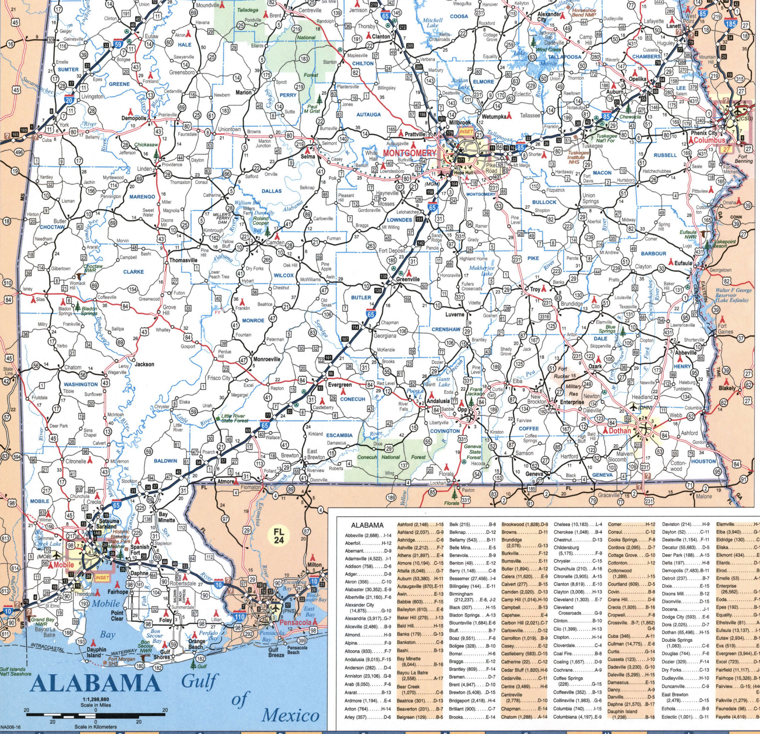 The map of southern Alabama is large. The map of the southern part of the state of Alabama is detailed with cities, towns, and roads.