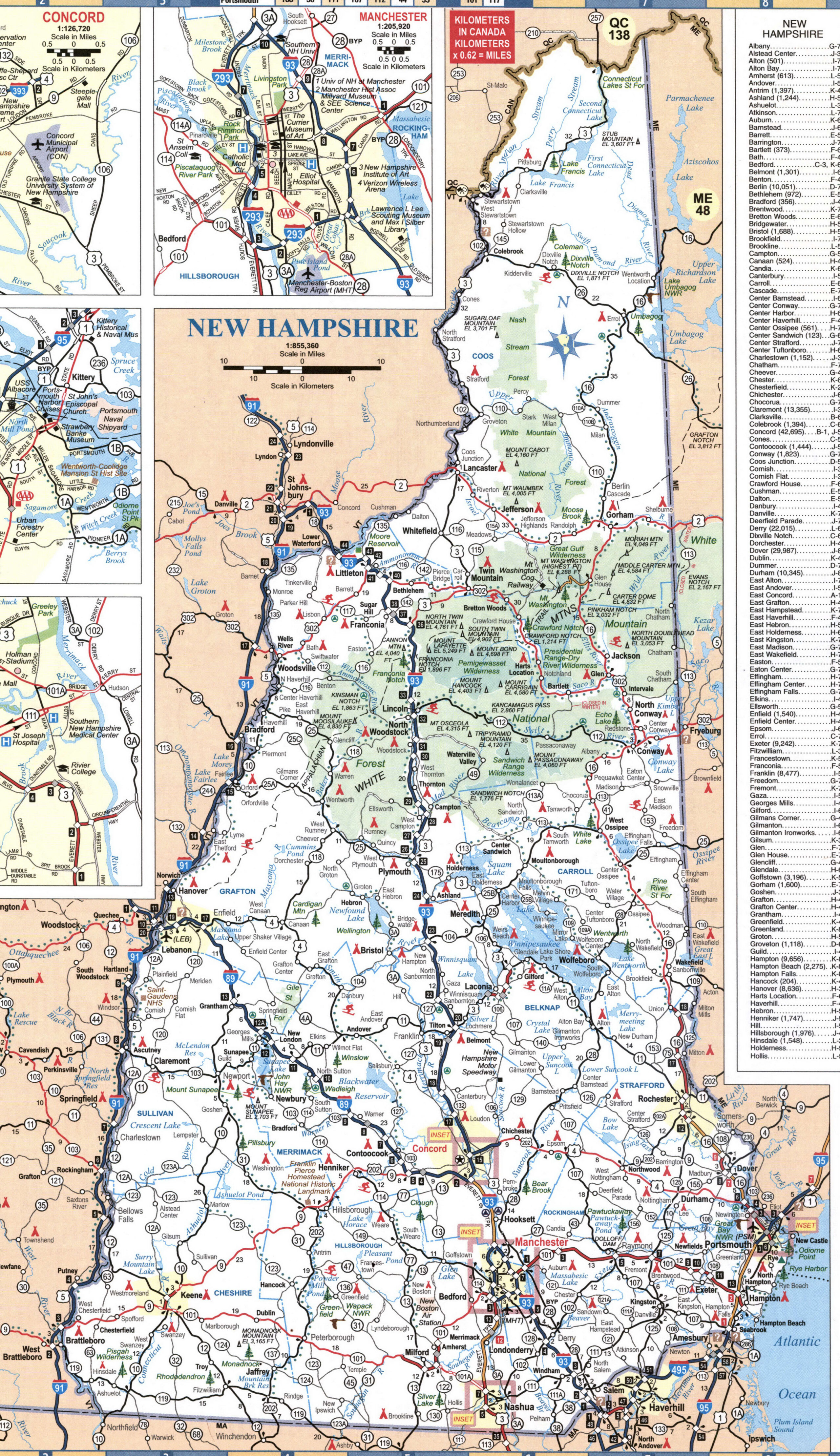 Detailed map of New Hampshire with cities and roads