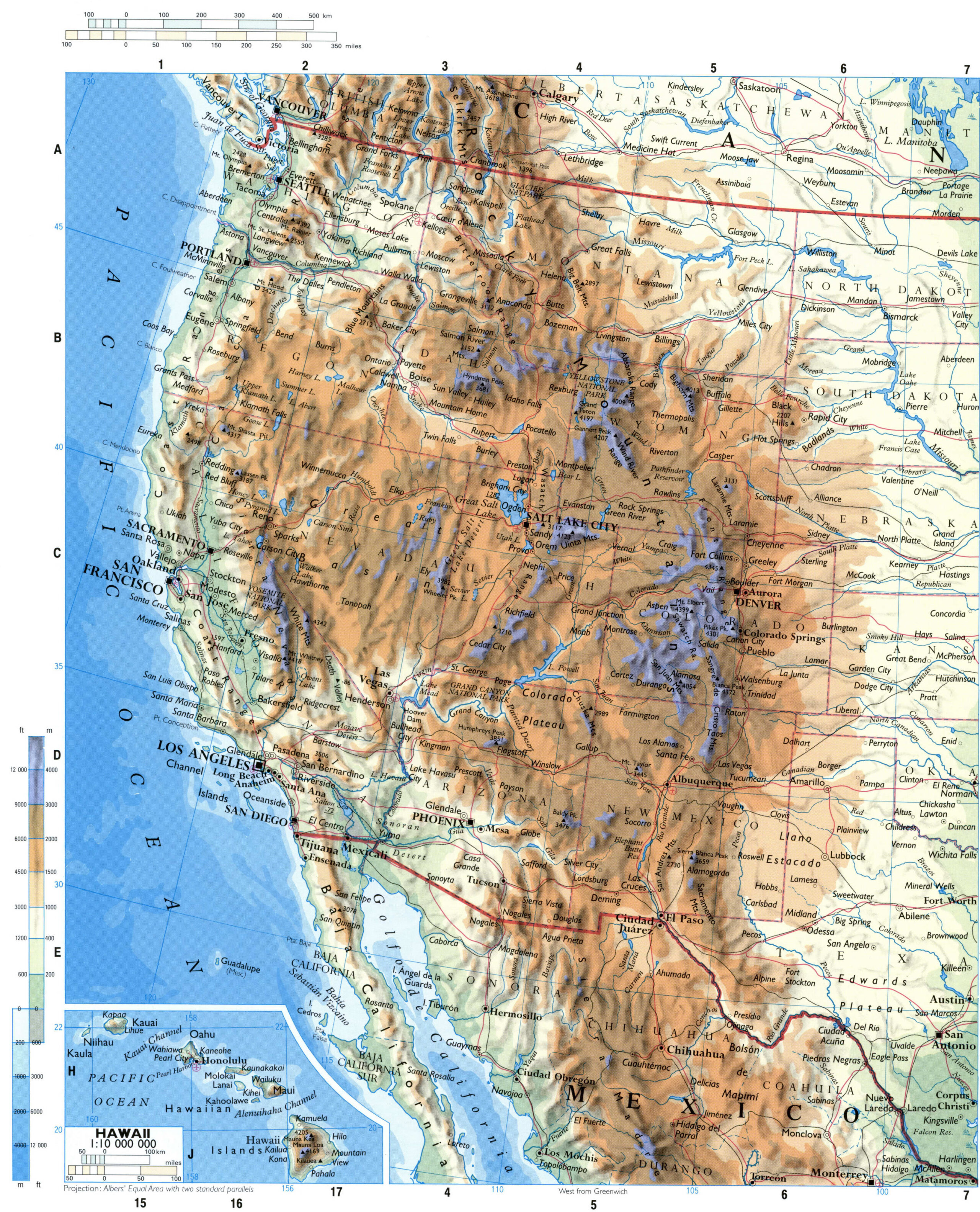 Physical map of the western Pacific coast of the USA