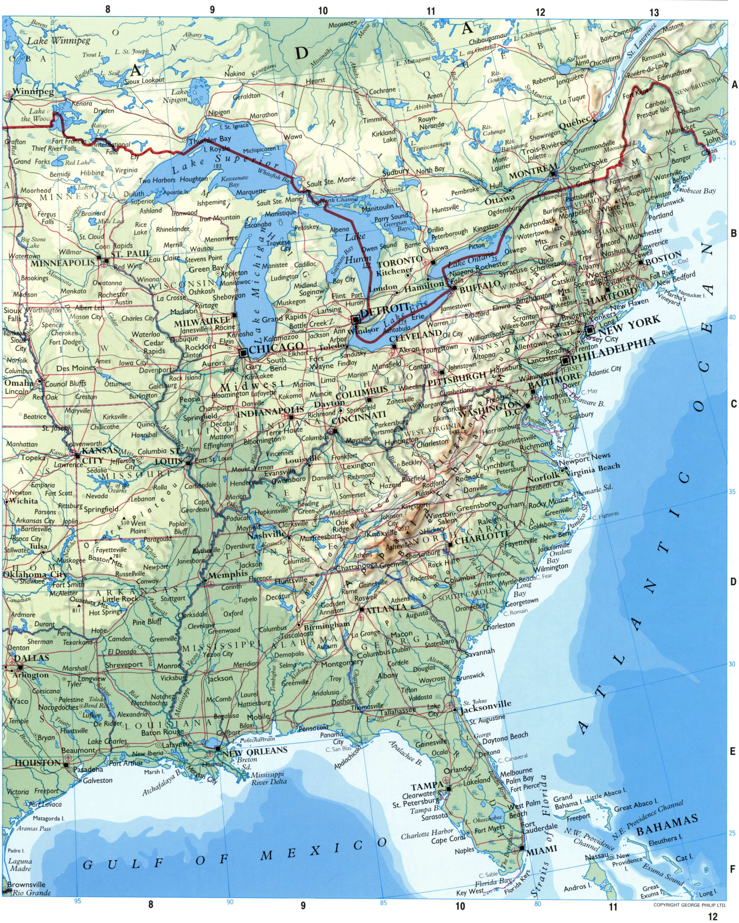 Physical map of the eastern Atlantic coast of the USA